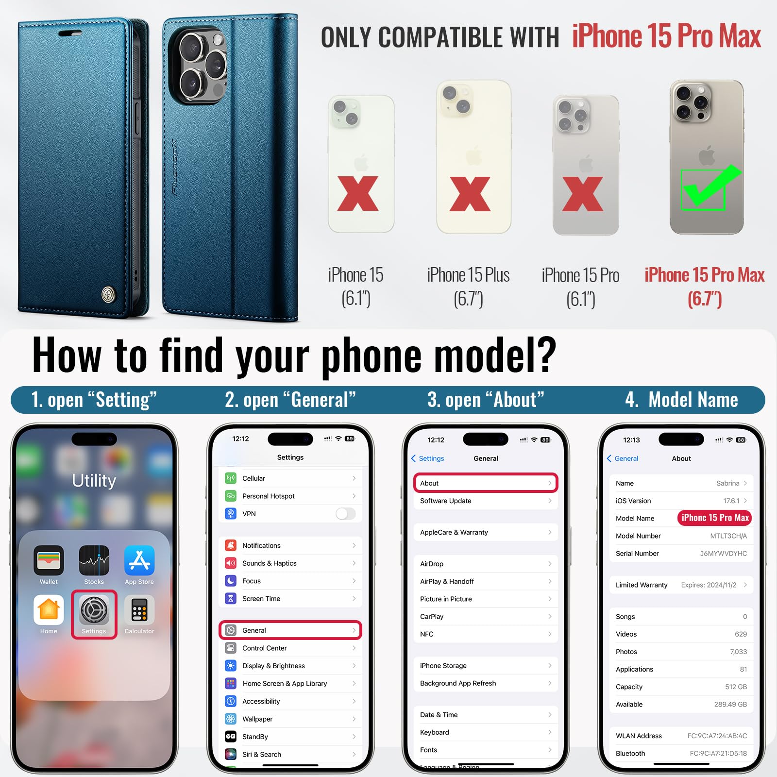 Custodia a portafoglio rimovibile 2 in 1 per iPhone 15 Pro Max | Compatibile con Magsafe, magnetico, porta carte di credito con blocco RFID, antiurto, cavalletto, ricarica wireless