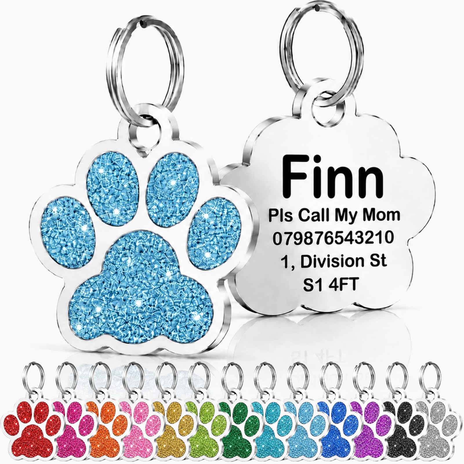 Personalised Cat Tags, Dog Tags for Pets UK Prime, Deep Engraved Pet ID Tags for Dogs & Cats, Glitter Paw Print Stainless Steel Cat Name Tag, Doggy Cat Kitten Kitty Puppy Tag (Sky Blue Paw, L)