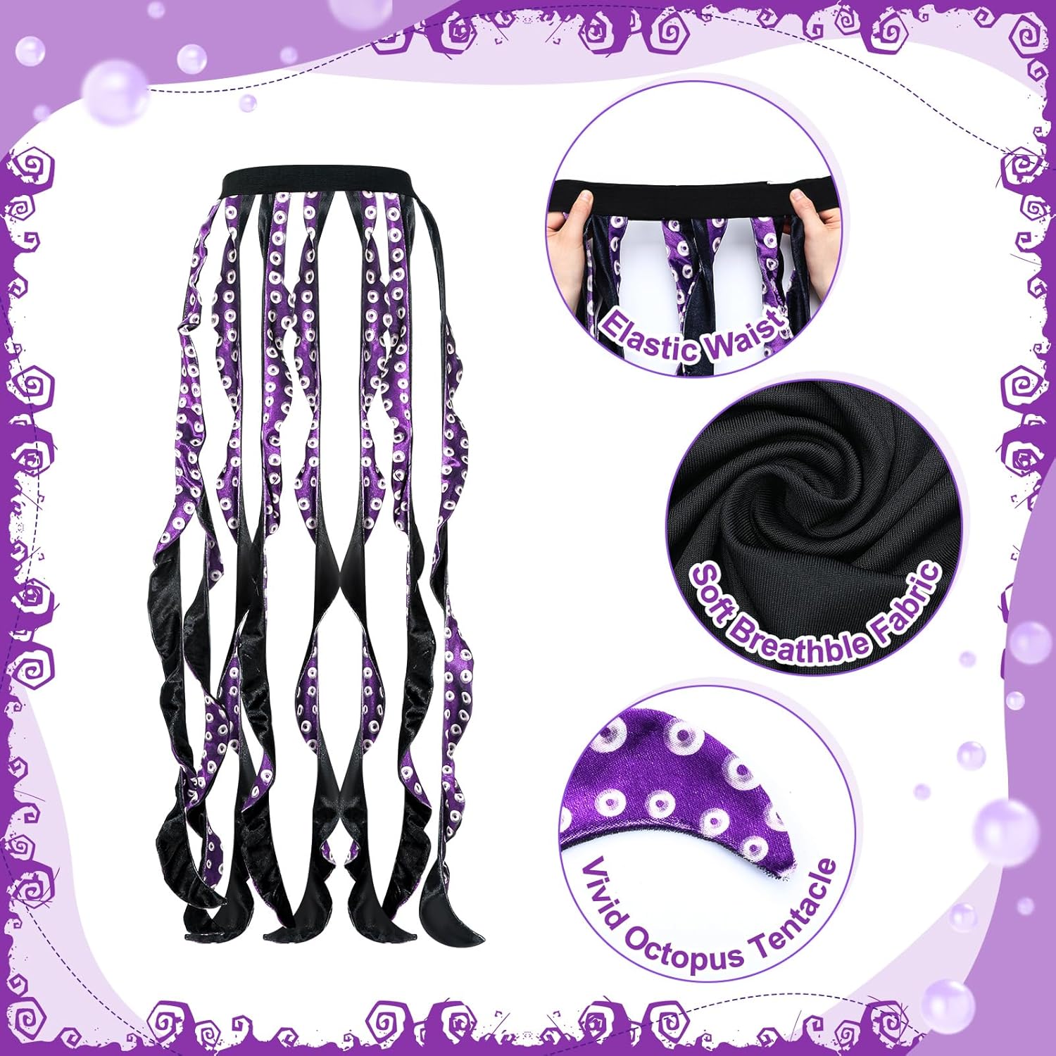 3 Pcs Women Octopus Costume Black Purple Octopus Dress Long Tentacles Gold Crown Undersea Witch for Halloween - Image 3