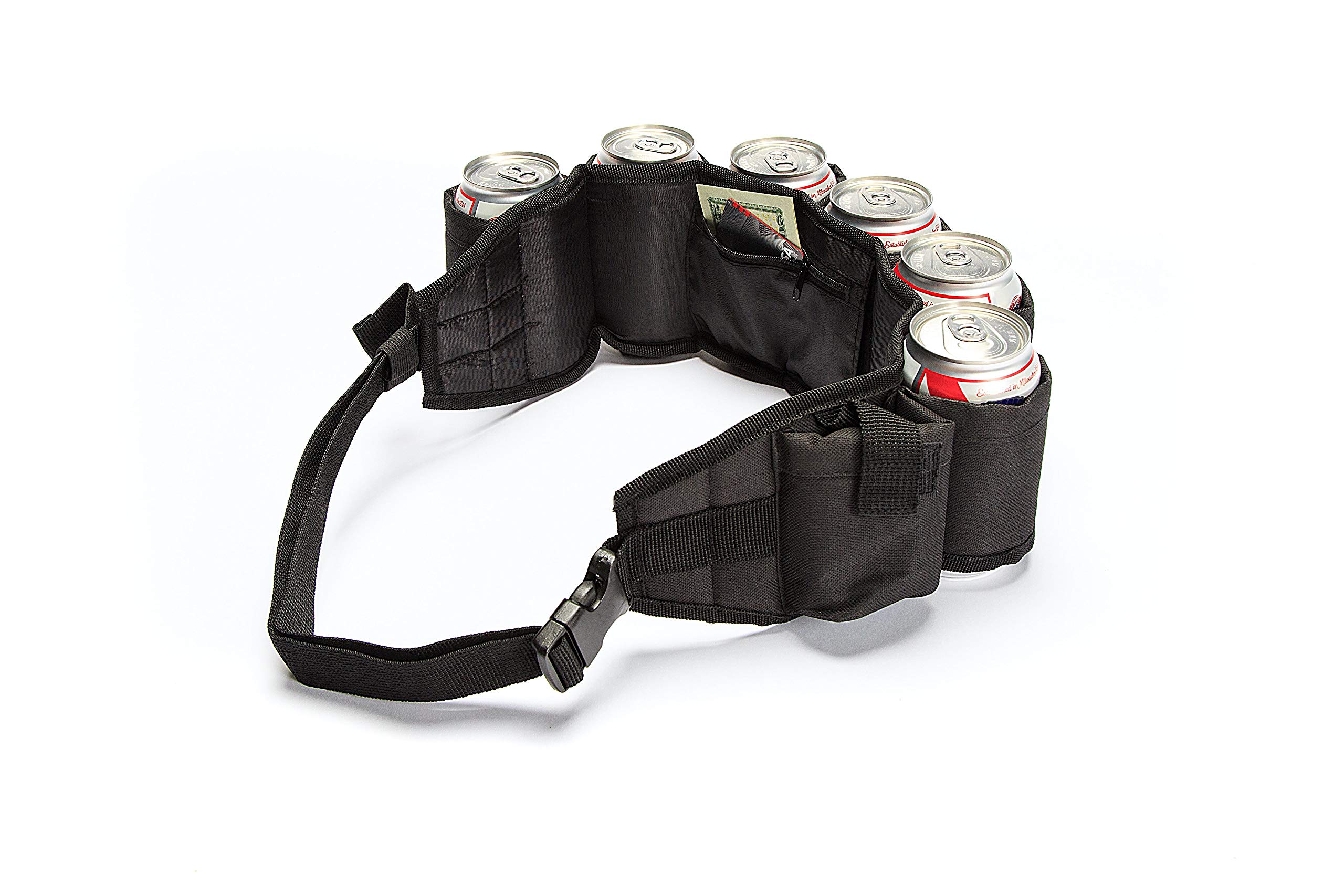 Beer Belt – Insulated 6-Pack Drink Holster with Adjustable Waist Strap, Buckle & Hidden Pocket – Holds 6 Cans or Bottles – Great for Parties,