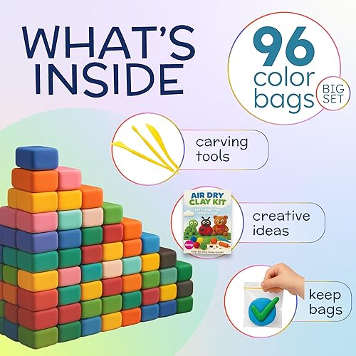 Miniatura 2 de Kit de arcilla seca al aire de 96 colores para niños, arcilla de modelado ligera y no pegajosa con herramientas de escultura y bolsas de
