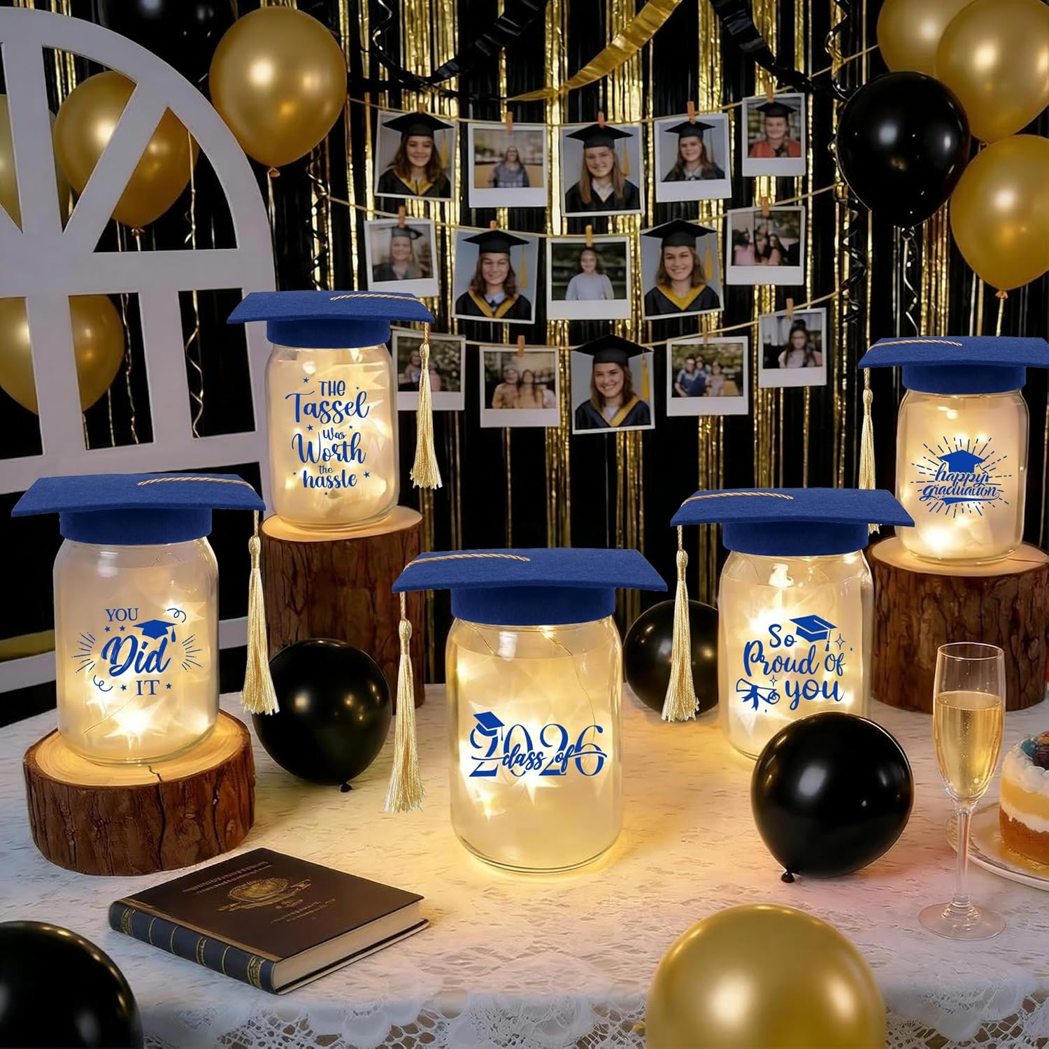 12 Sets 2026 Graduation Centerpieces for Tables, Glowing Mason Jar Centerpieces with Graduation Caps, Glowing Money Jars for College High School Congrats Grad Party Decor Supplies (Blue)