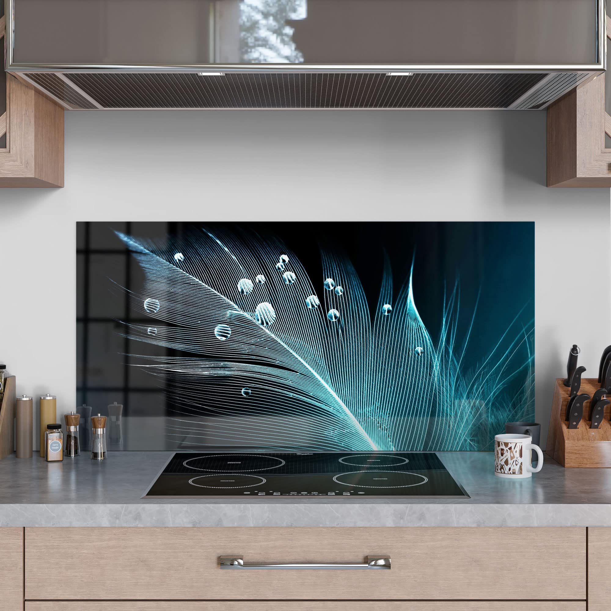DEQORI Crédence de cuisine en verre | Motif plume avec perles d'eau | 100 x 50 cm | Panneau arrière de salle de bain ou de cuisinière | Protection anti-éclaboussures pour cuisine et salle de bain |