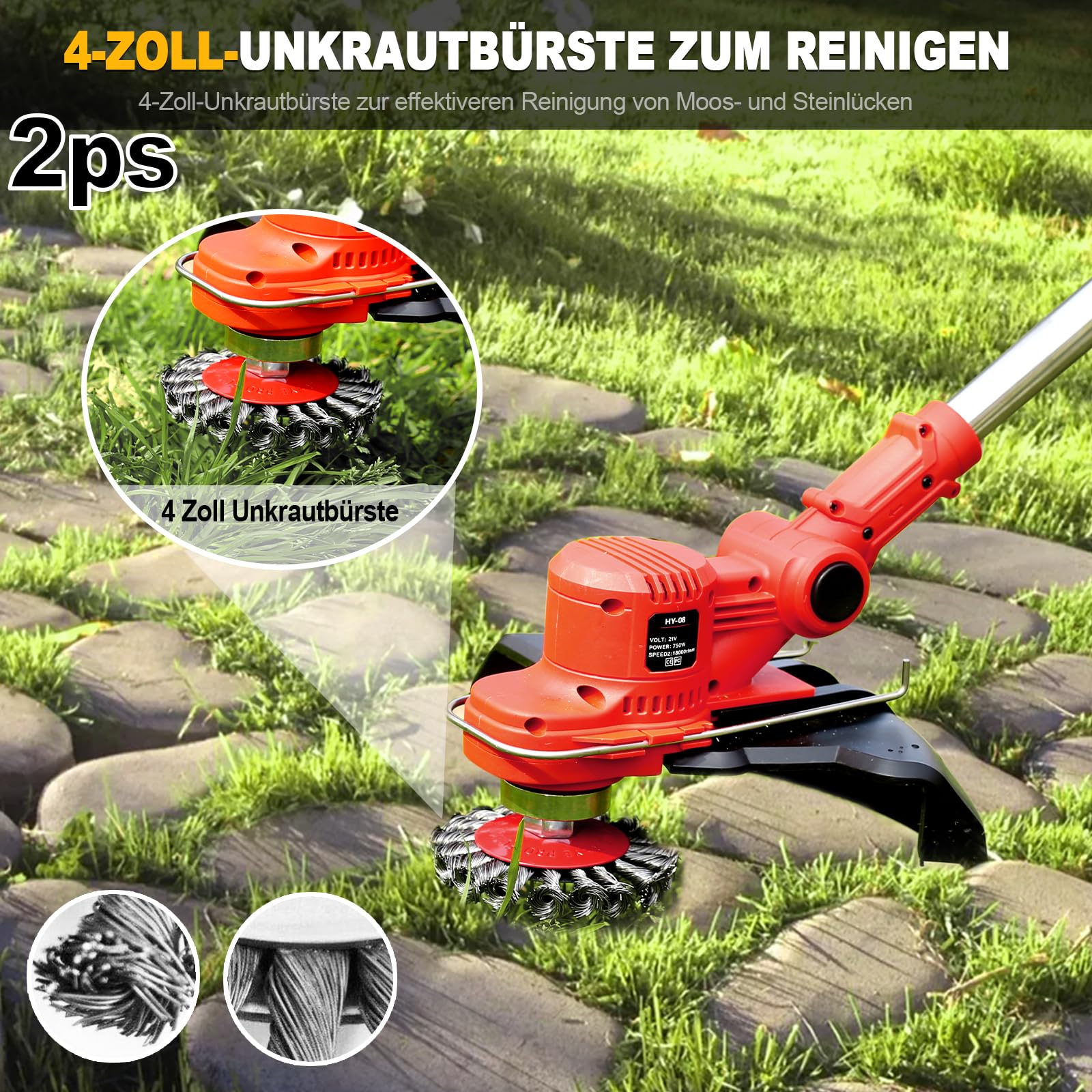 Rasentrimmer mit Akku und Unkrautbürste, 21V-4,0Ah Akku Rasentrimmer für Makita Akkus, 4 in 1 Freischneider akku, 750W Bürstenloser Motor, 1-45CM Teleskopstiel, für Garden Trimmen (rosa)