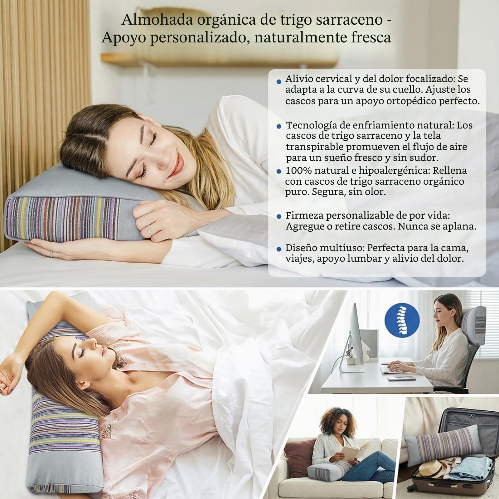 Almohada de Trigo sarraceno, Almohada para el Cuello con Cremallera, Almohada para el Cuello con cáscara de Trigo sarraceno para aliviar el Dolor de Cuello y Hombros (Gris) | Alivio del dolor de cuello, sueño fresco