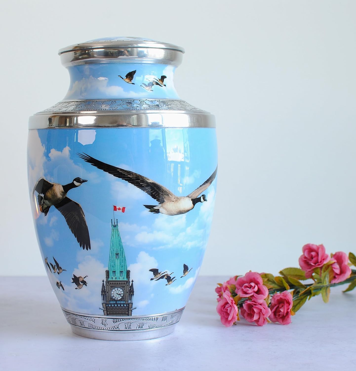 Canada Geese: Cremation Urn for Human Ashes | Handcrafted with Geese Pair in Cloudy Blue Sky | Flying Geese Memorial Urn | Adult 10.5" (Big with Flag)