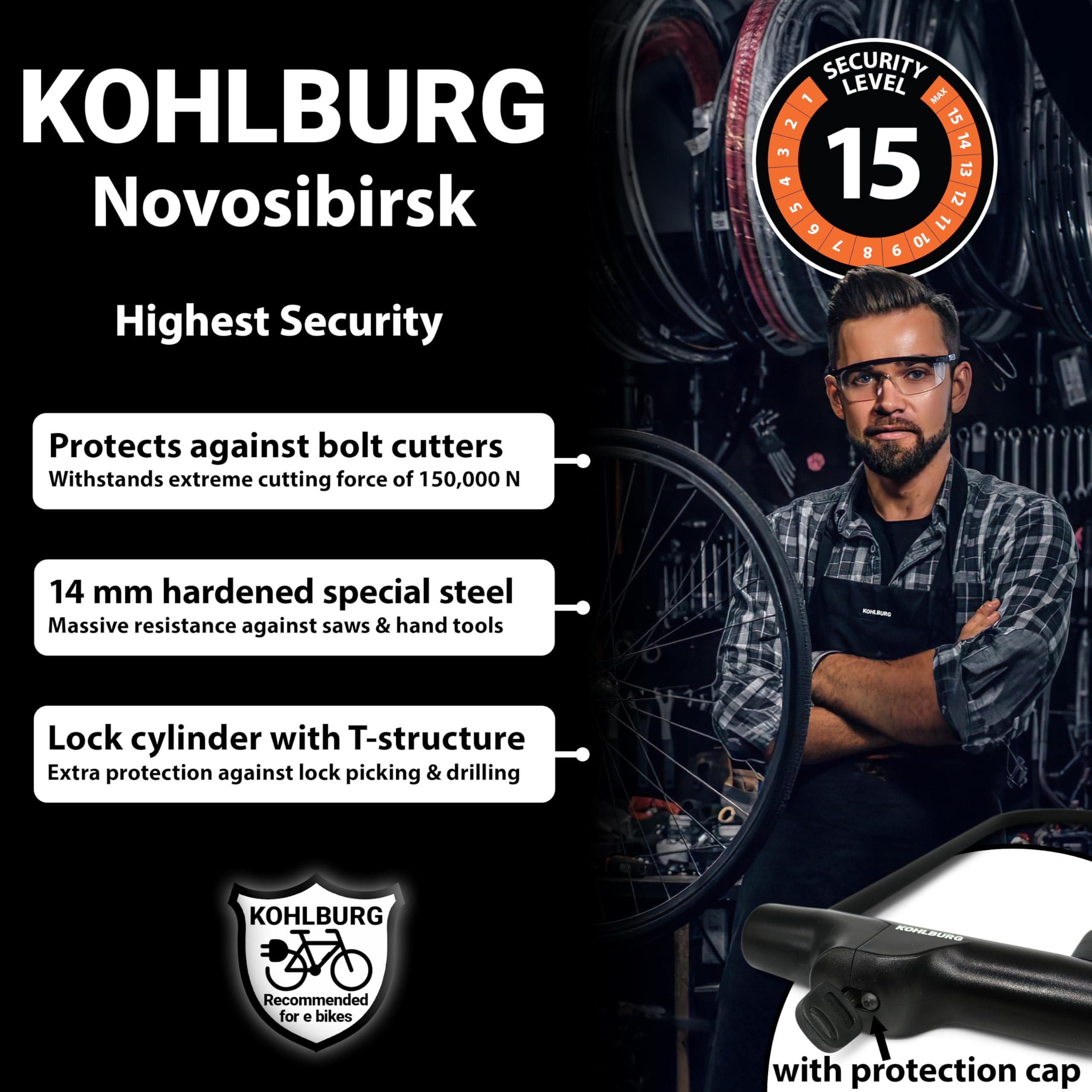 KOHLBURG U-Locki – Najwyższy poziom bezpieczeństwa 15/15 z kablem 170 cm – Duży bezpieczny zamek U z uchwytem do roweru elektrycznego & roweru – Zamek rowerowy wysoki poziom bezpieczeństwa