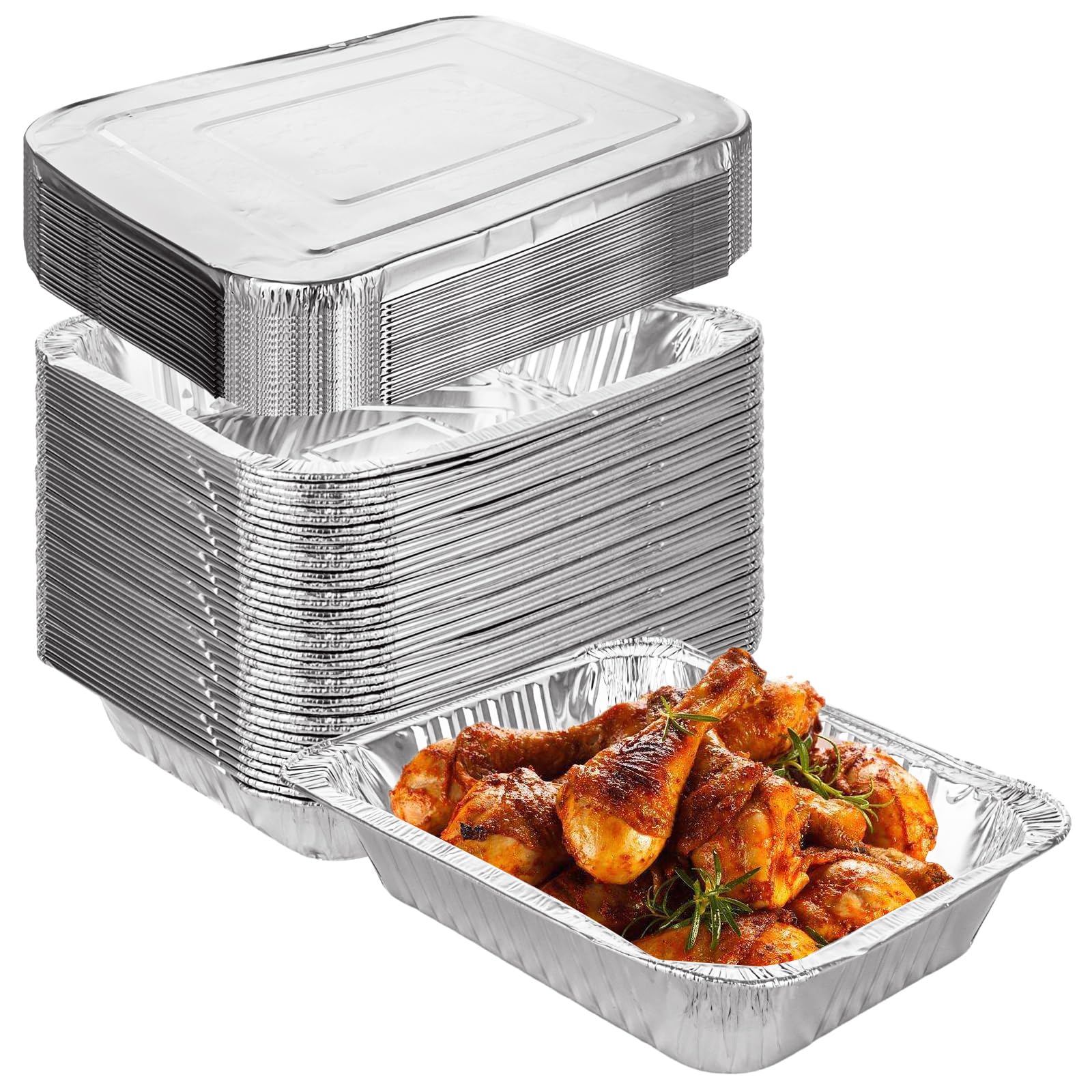 YOUNTHYE 30Pcs Aluminium Foil Trays, 32x26x7cm Large Deep Food Containers Aluminum 3500ml Foil Baking Trays with Lids, Rectangular Takeaway Containers for BBQ, Cooking, Broiling, Roasting