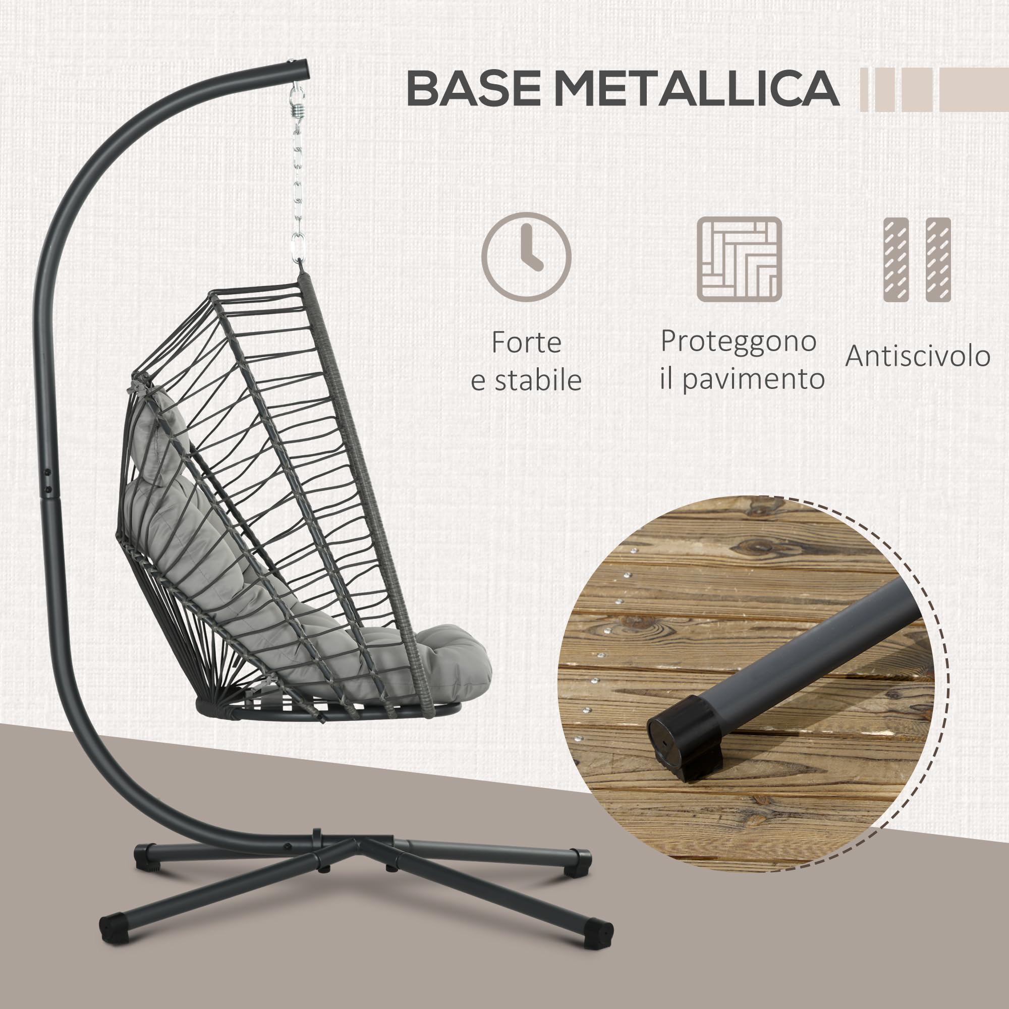 Outsunny Poltrona Sospesa in Rattan PE con Cuscino Imbottito, Sedia Sospesa a Dondolo con Seduta Pieghevole e Struttura in Acciaio, Grigio
