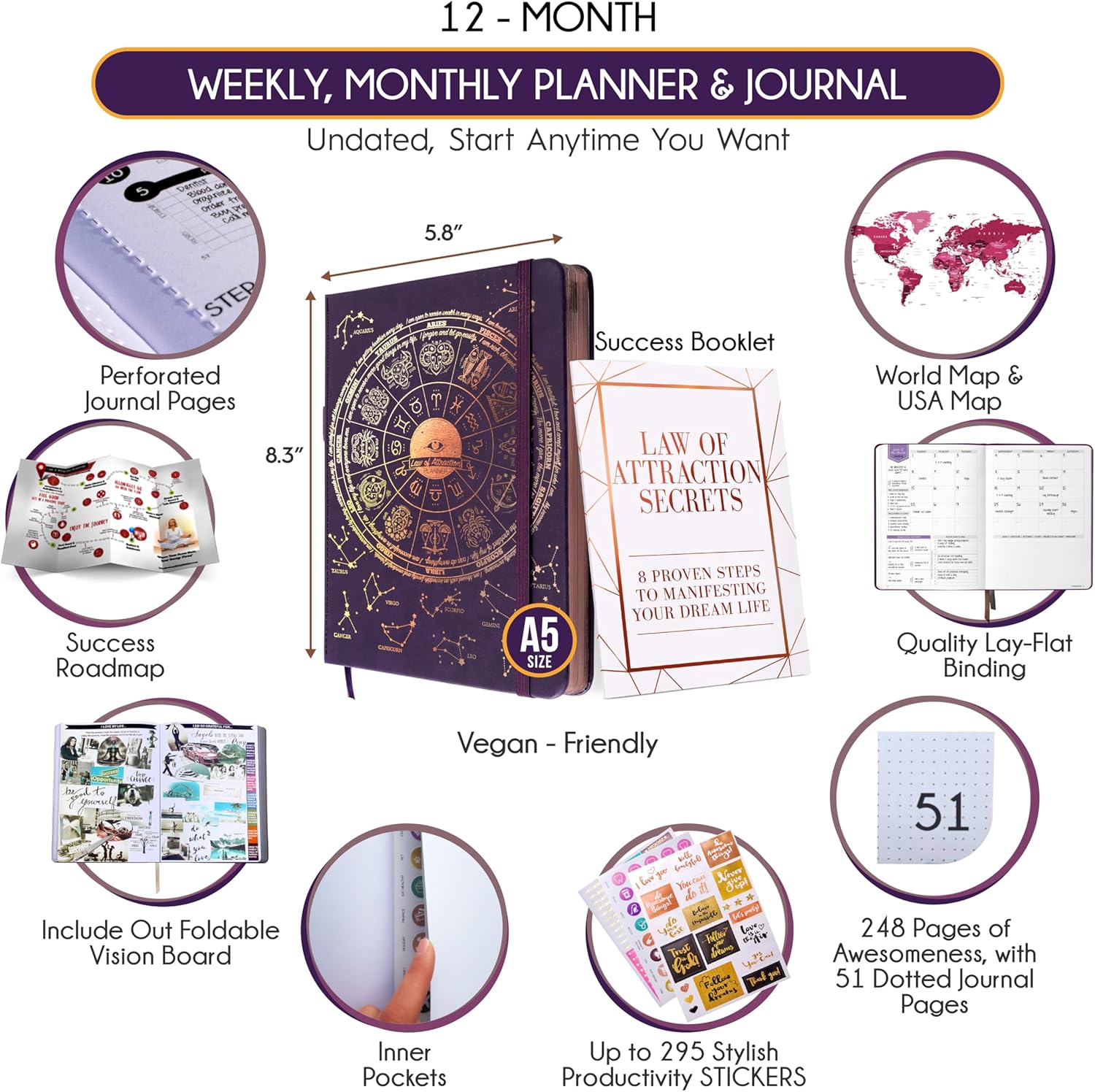 Life Planner - Undated Weekly & Monthly Planner, 12-Month Journey to Increase Productivity | Gratitude Journal, Life Organizer & Goal Journal | Include Foldable Vision Board, Habit Tracker & Stickers