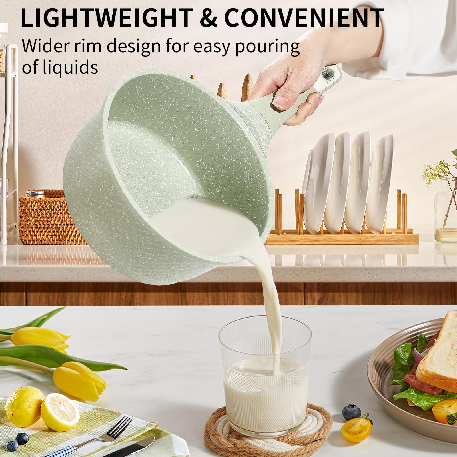 DYGG Zestaw rondli 16 + 18 cm z pokrywką 2,0 l i 1,5 l - garnki z powłoką zapobiegającą przywieraniu do wszystkich kuchenek łącznie z indukcją | 100% wolne od PFAS i PFOA | Chłodzący uchwyt bakelitowy