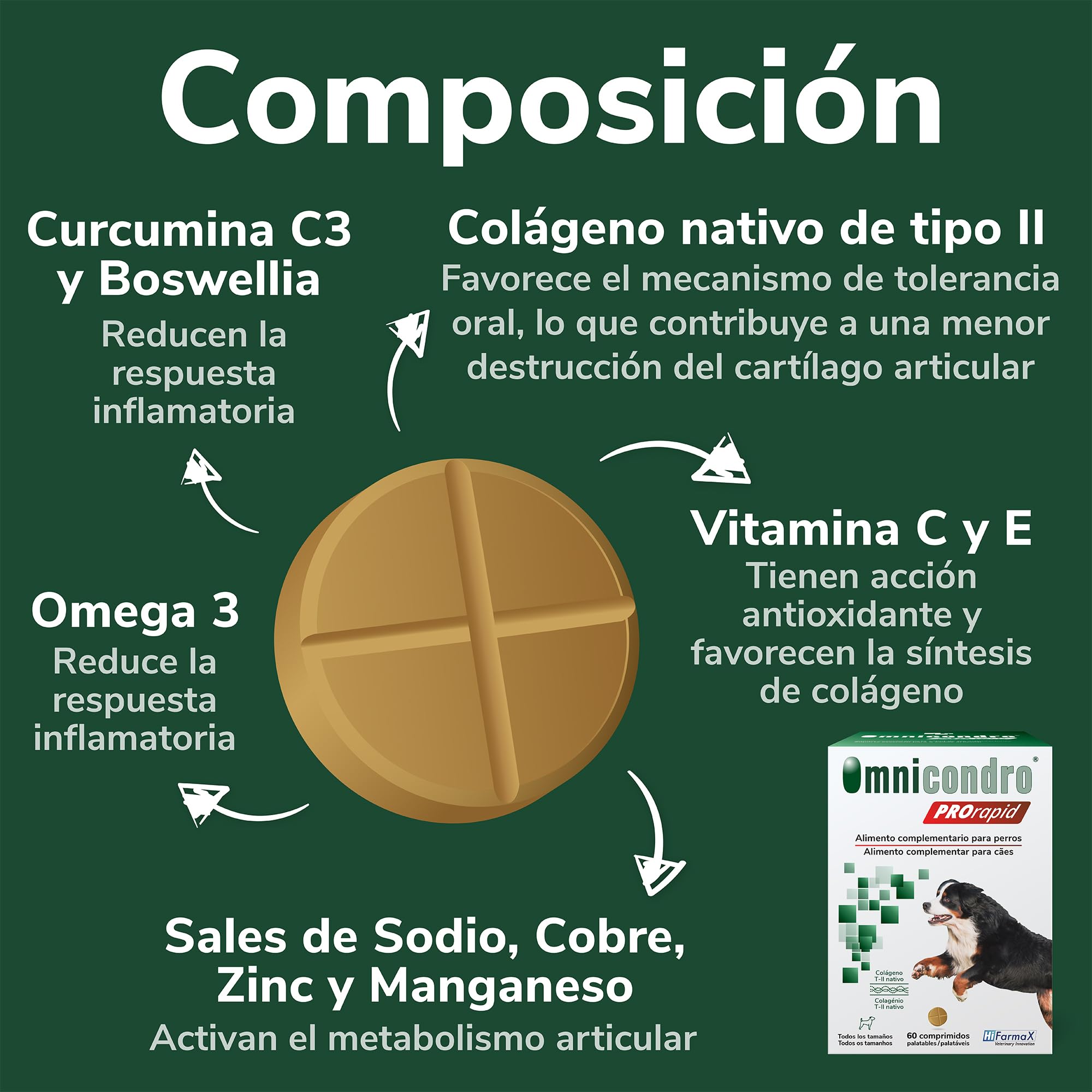 Omnicondro PROrapid Hifarmax - Condroprotector Perros con Vitaminas | Pastillas para Articulaciones Perros | Condroprotector con Colágeno | Caja de 60 Pastillas