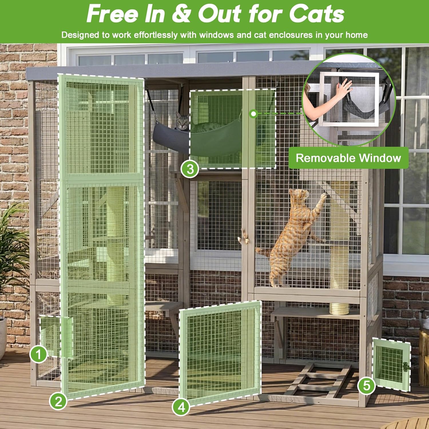 Large Catio Outdoor Cat Enclosure, Walk-in Cat Patio with 4 Levels, Cat Condo Hammock & Scratching Posts, Flat Roof Wooden Cat Run, Outdoor Cat House for Multiple Cats