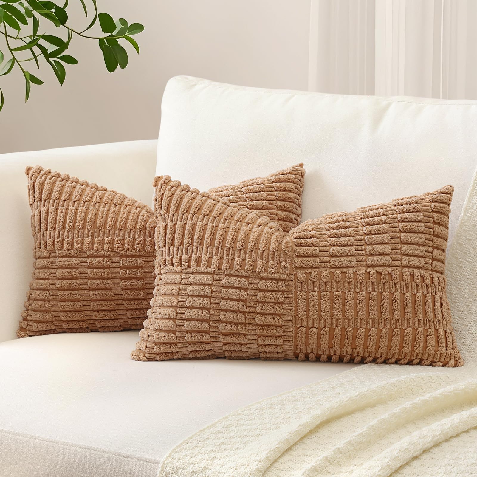 Sungeek Set of 2 Decorative Cushion Covers 40 x 60cm Soft Corduroy Striped Cross Patchwork Textured Pillow Cases Boho Farmhouse Lumbar Throw Pillow Covers for Sofa Bed Patio 16x24 Inch, Brown — image 1
