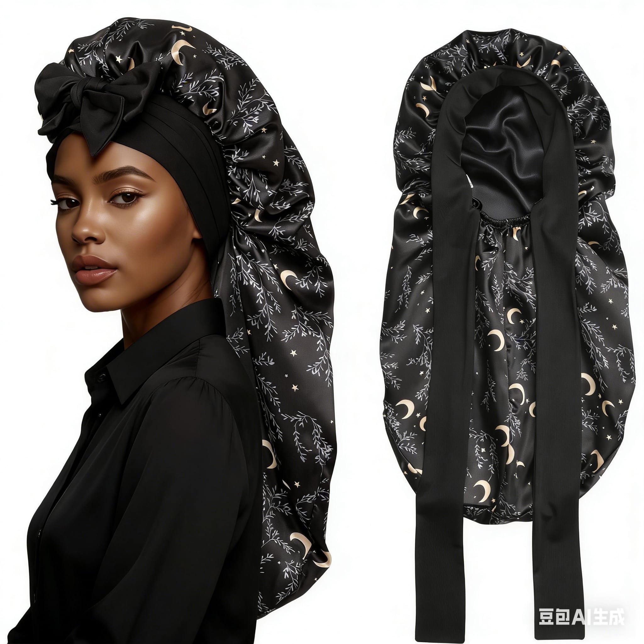 Gorro Largo de Satén Reversible de Doble Capa para Mujer Dormir con Banda