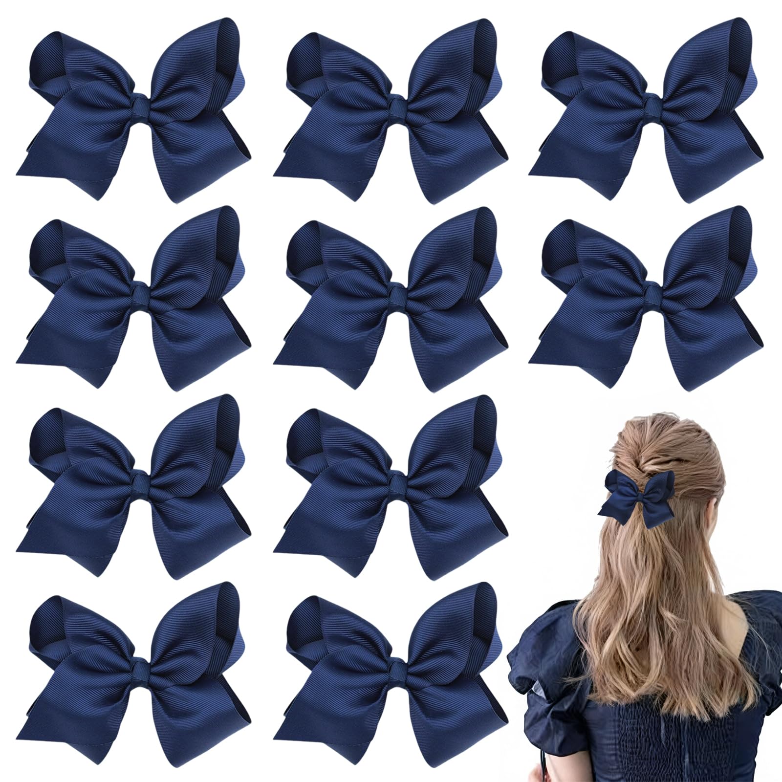 Muiltvoe 10 Pcs Navy Blue Hair Bows Silky Satin Hair Clips Ribbon Bow Accessories French Barrette Solid Hair Bow Ponytail Holder Alligator Clip Blue Princess Bows for Women Girls