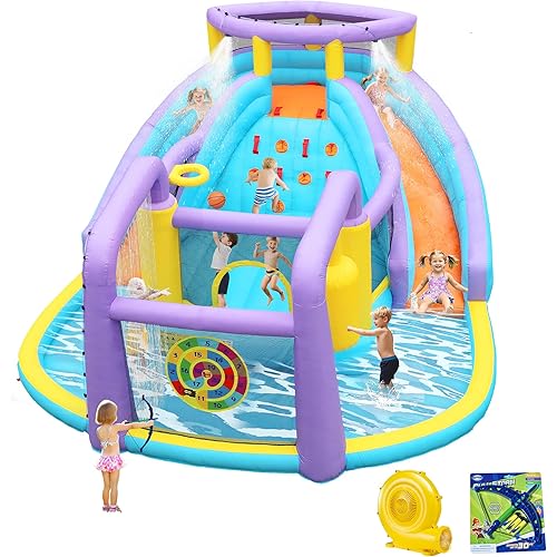 8 in 1 Inflatable Water Slide Bouncy House with Double Slides Water Park with Splash Pool,Climbing Wall,Target Game for Outdoor Backyard Aged 3-10 Kids with 520W Blower 174 x 165 x 90 Inches