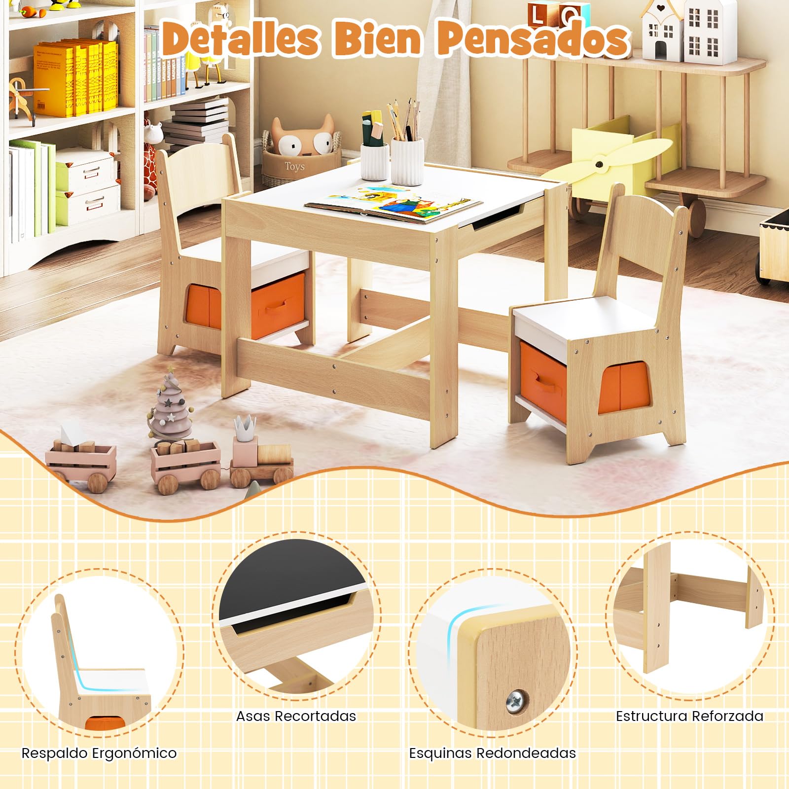 COSTWAY Juego de Mesa y Sillas Infantil, Mesa de Actividades 3 en 1 para Niños con Superficie Reversible y Cajas de Almacenaje, Set de Muebles Infantil de 3 Piezas (Naranja)