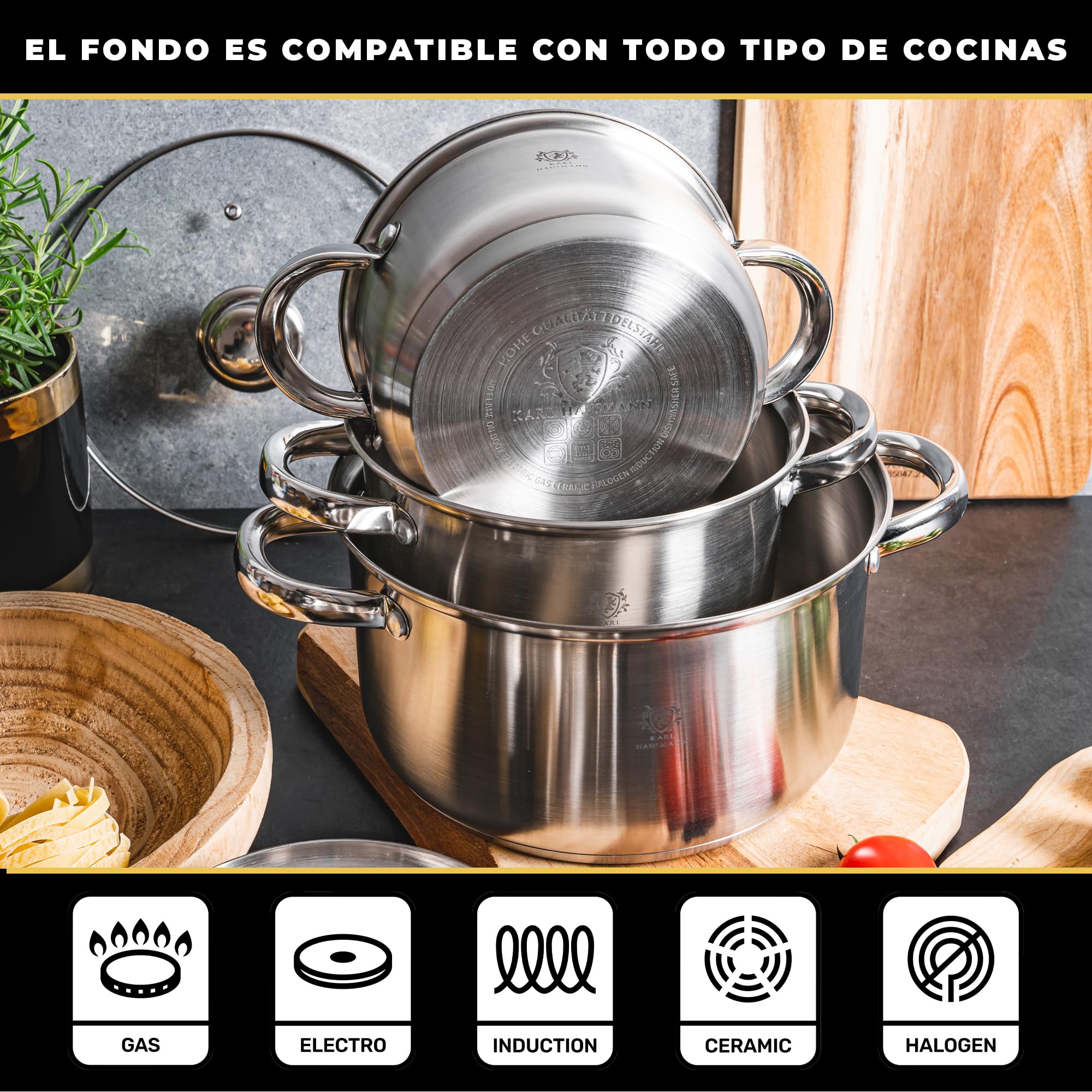 KARL HAUSMANN Juego de Ollas Acero Inoxidable - 4 Partes - Bateria de Cocina de Acero Inoxidable con Tapas de Vidrio - Apta para induccion, Gas y Vitrocerámica - Set Ollas