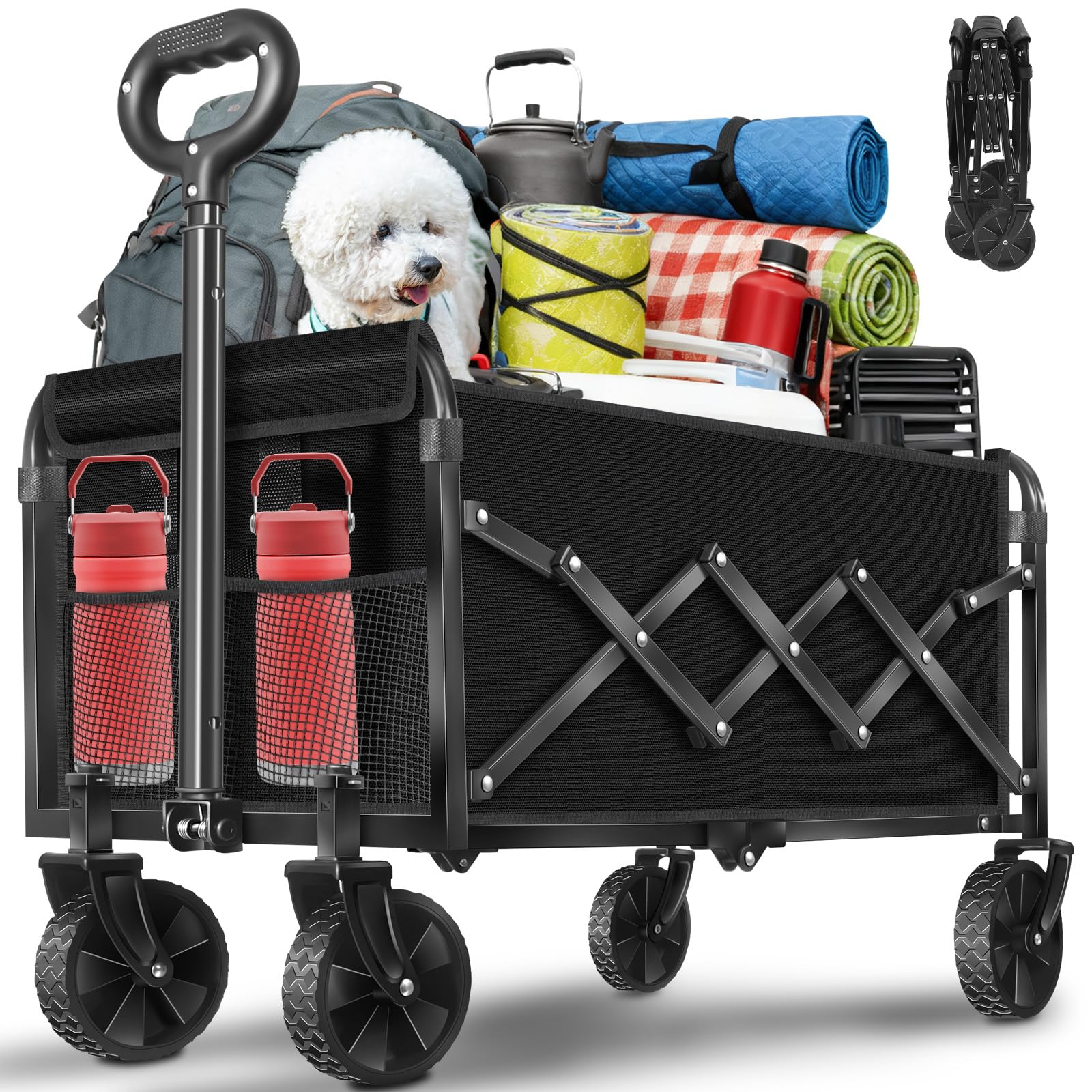 Wagons Carts Foldable,Folding Wagon Cart, Collapsible Utility Wagon with Adjustable Handle, Portable Grocery and Shopping Wagon for Apartment, Park,