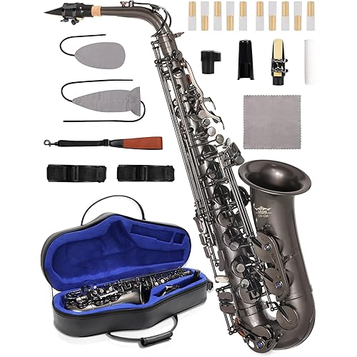AKLOT Handcrafted E-Flat Alto Saxophone: Matte Black Nickel Brass Body with Deep, Powerful Tone, Secure Air Seal, Smooth 23-Key System, Includes Premium Leather Case, Saxophone Cleaning Kit (CH-OE)
