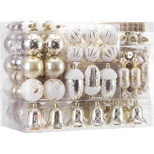 Sea Team 155-Pack Assorted Shatterproof Christmas Ball Ornaments Set Decorative Baubles Pendants with Reusable Hand-held Gift Package for Xmas Tree (Gold)