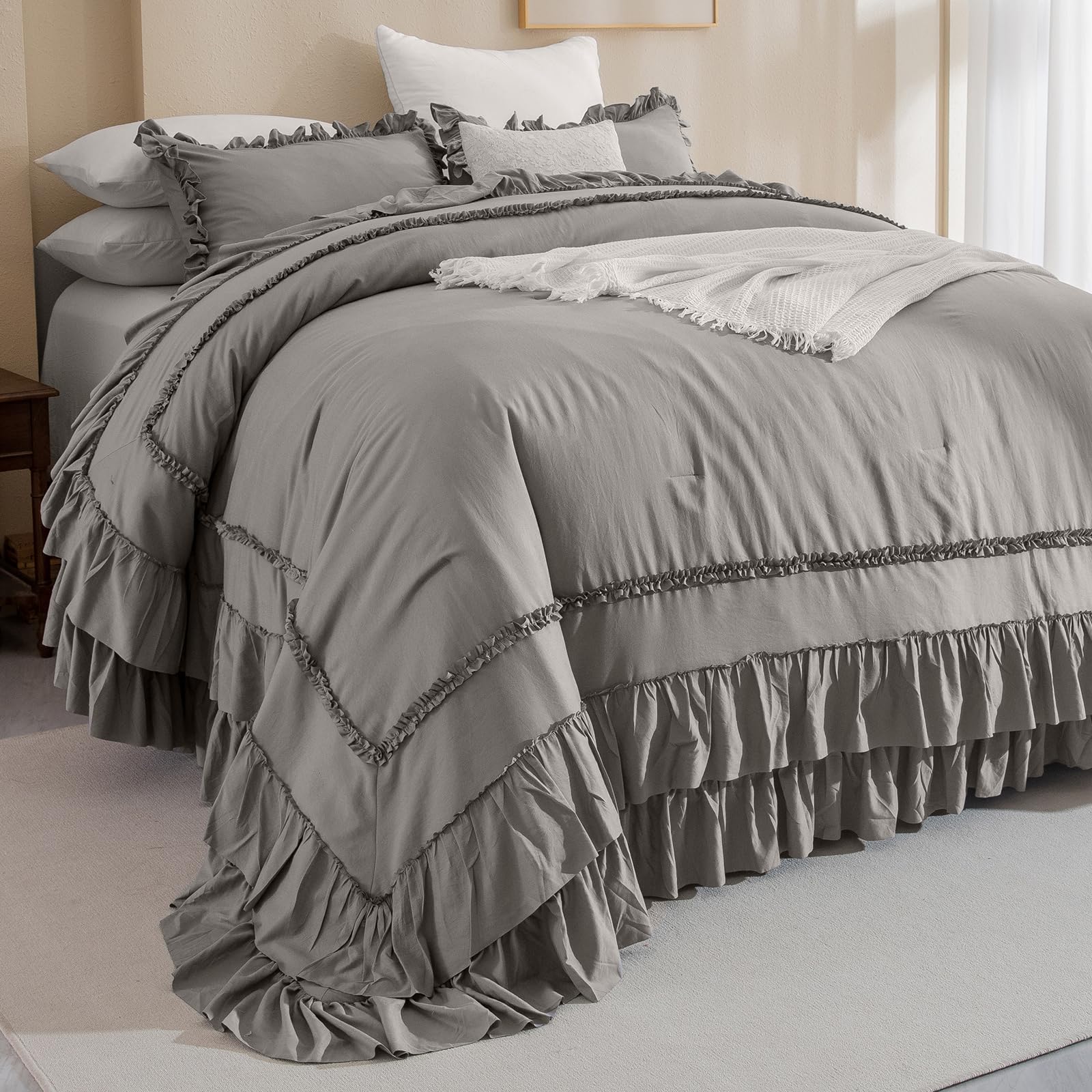 QSH Grey Oversized King Comforter Set 120x120, Farmhouse Ruffled Bed Comforter Gray French Country Rustic Vintage Comforter Microfiber Soft Lightweight Fluffy Shabby Bedding 3 PCs