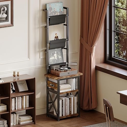Miniatura 6 de Soporte para tocadiscos con toma de corriente, estante de exhibición de discos de vinilo de 6 niveles, mesa de tocadiscos con almacenamiento de