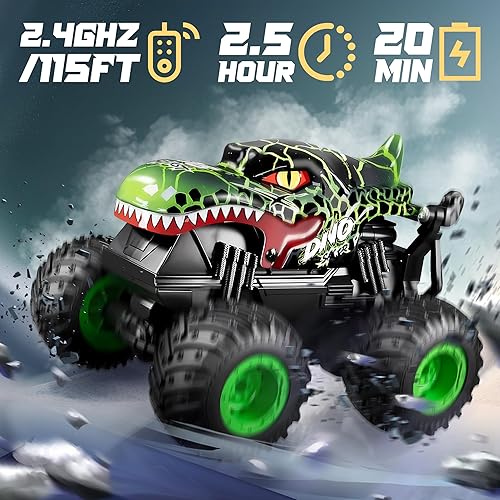 Miniatura 2 de BEZGAR Monster Truck Toys - Camión monstruo de control remoto con luz y música, juguetes de dinosaurios para niños, camión RC a escala 120 con giros
