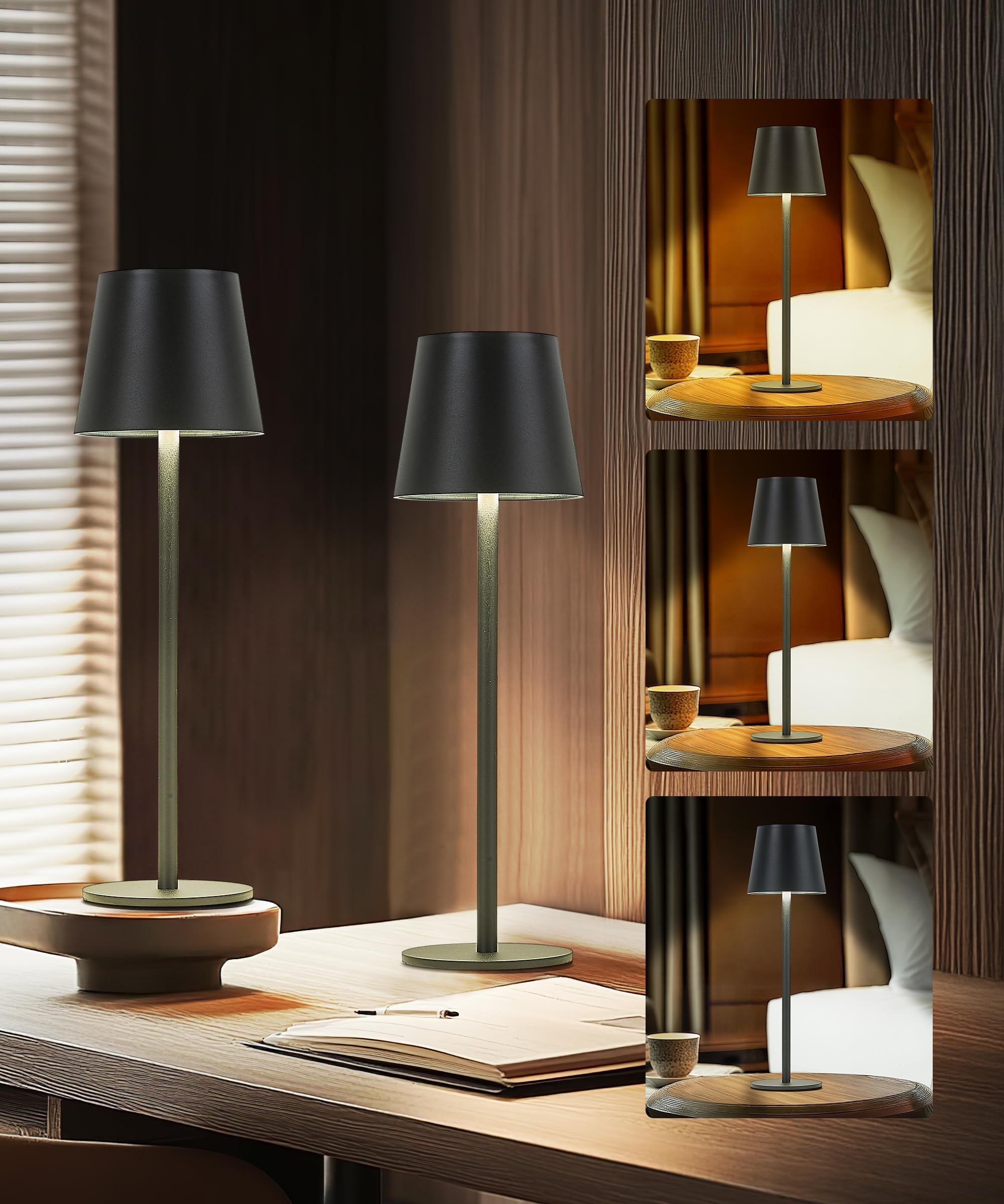 Rechargeable Lamp Cordless Table Lamp, 2 Pack Battery Operated Lamps 5200mAh IP54 Waterproof Wireless Lamp with 3-Color Modes Touch Control Night Light for Bedroom (Black)