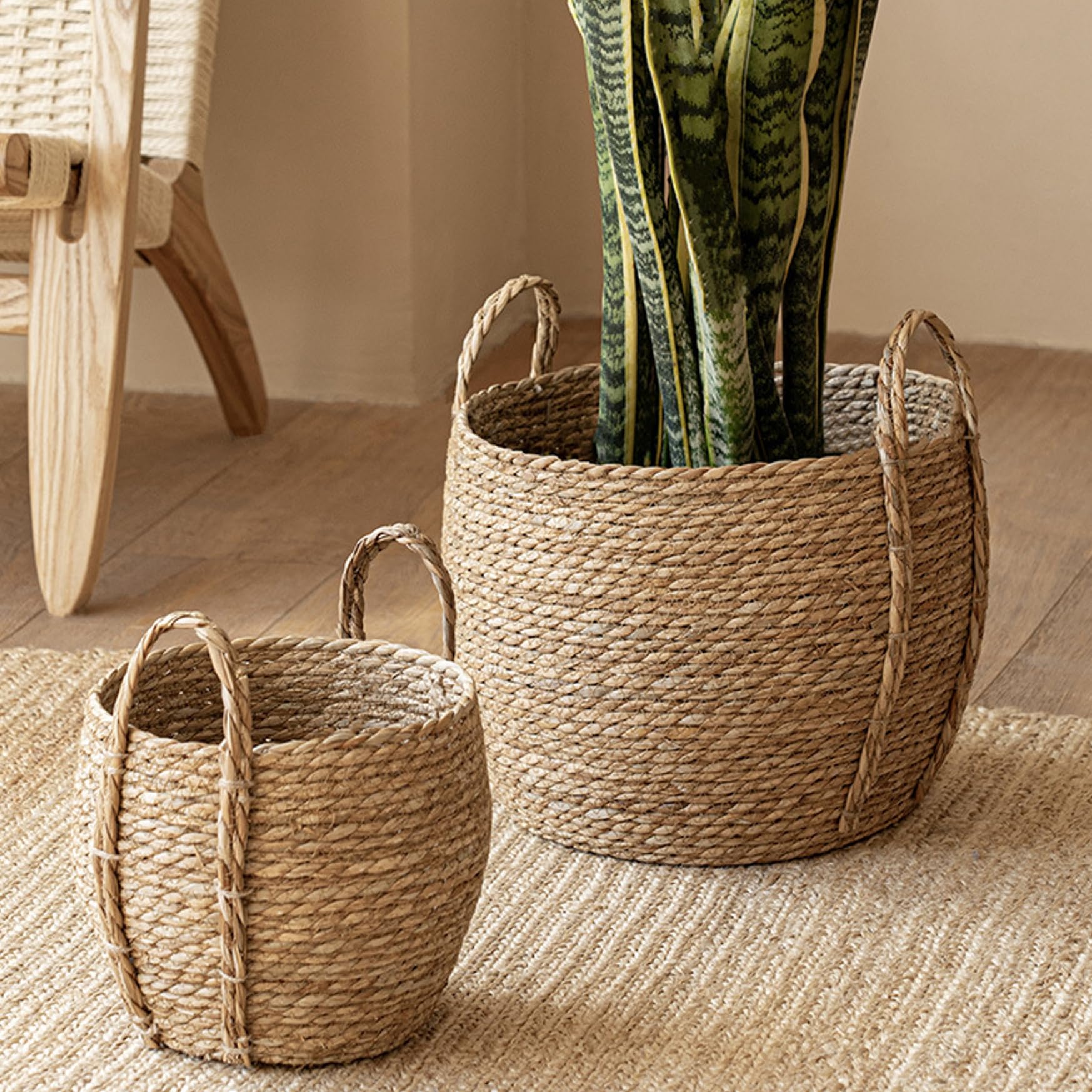Panier à Plantes en jonc de mer, Pot de Fleurs Rustique tissé avec poignée Robuste, Rangement décoratif Naturel pour hôtel, café, décoration d'intérieur L