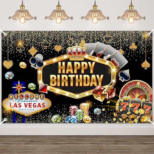 Avezano Telón de fondo de cumpleaños de casino de Las Vegas Casino Night Birthday Banner Cartel de casino para suministros de fiesta de cumpleaños