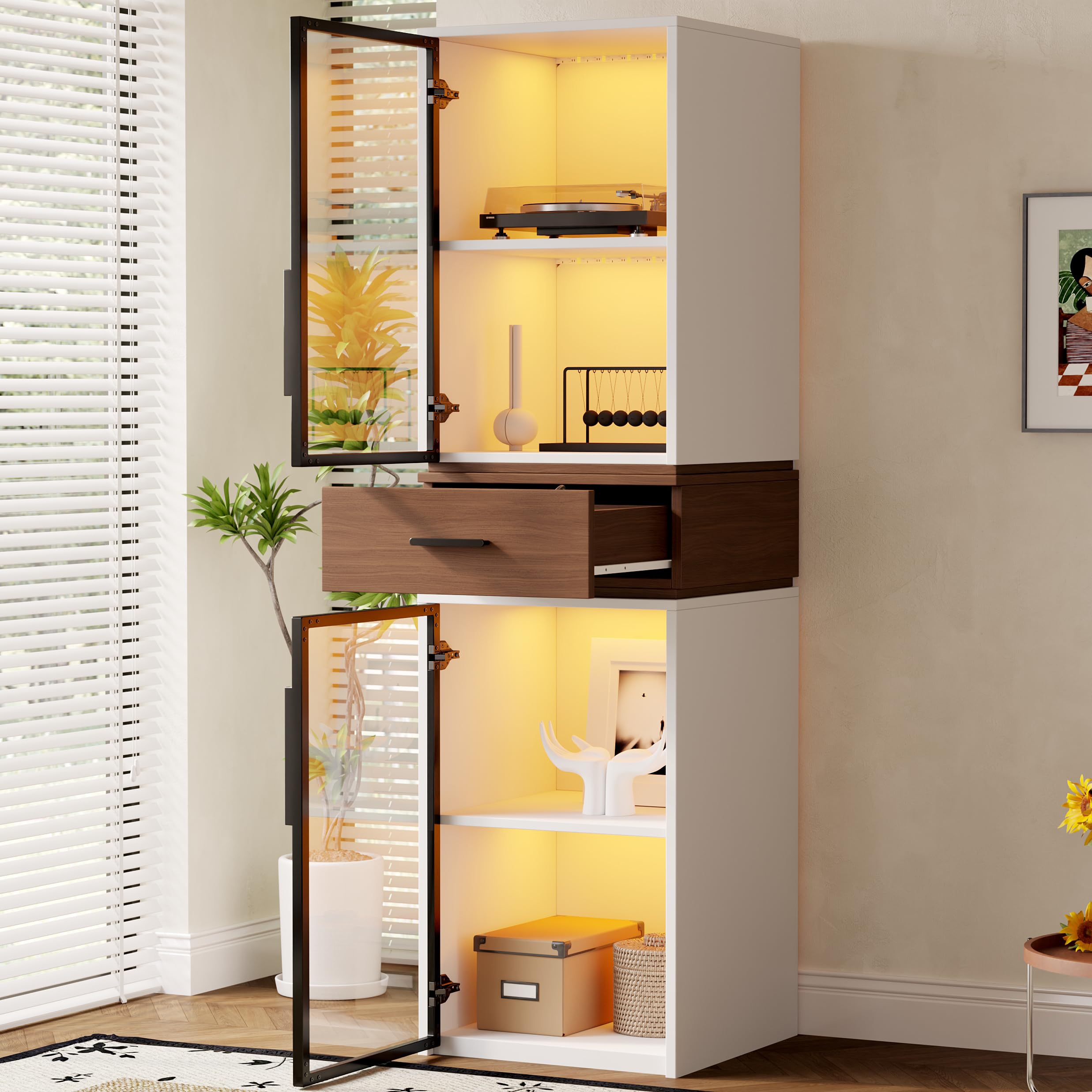 Vitrina Expositora de Cristal con Iluminación LED y 1 Cajón, Vitrina Salon con 2 Puertas de Cristal, Vitrinas Expositoras para Estudio Salón y Comedor, Muebles de Salon, 40x40x200 cm, Blanco