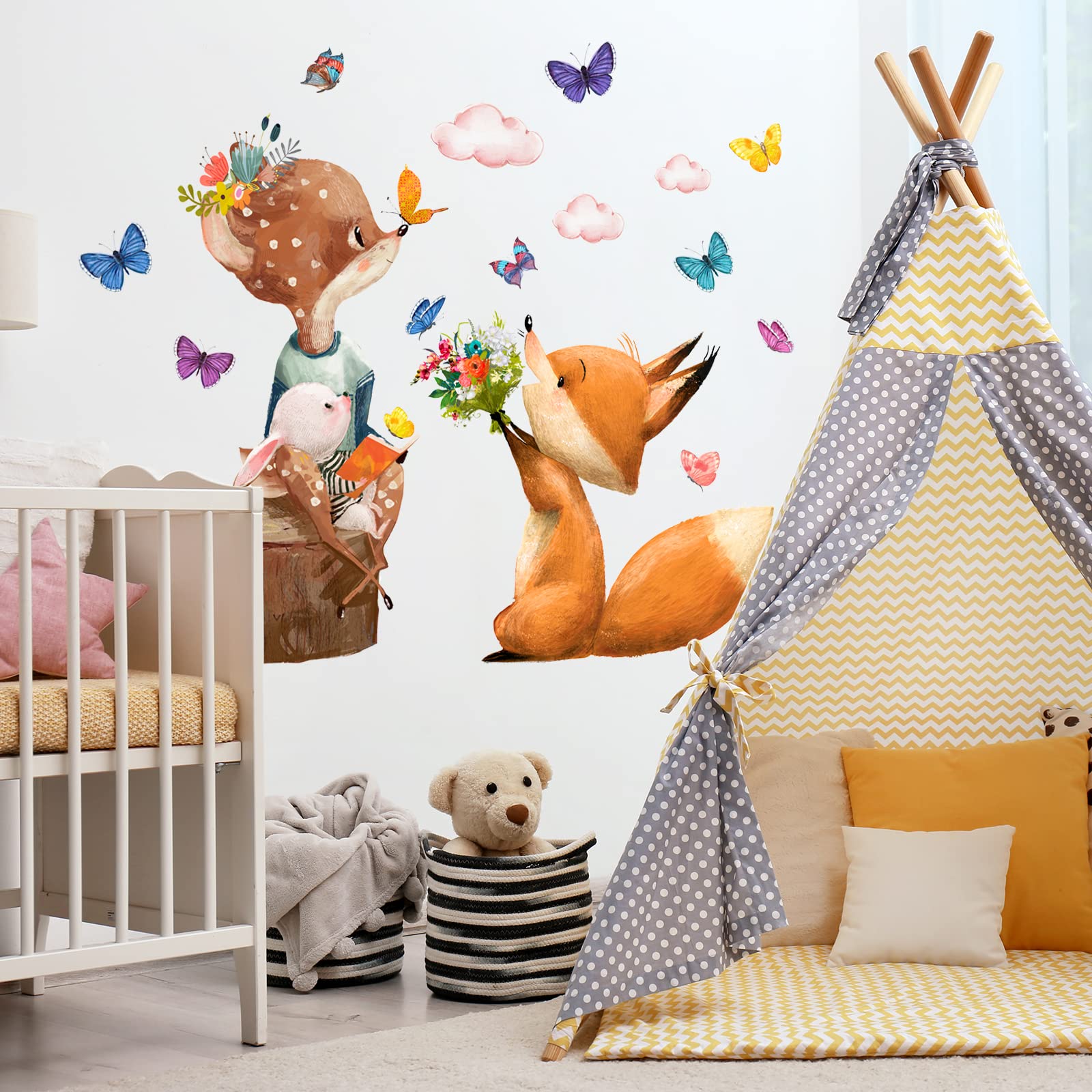 WandSticker4U®- Pegatinas pared infantiles ANIMALES del BOSQUE acuarela (78x72 cm) I vinilo adhesivo pared infantil animales Jungla zorro corzo conejo I decoración habitación infantil bebé