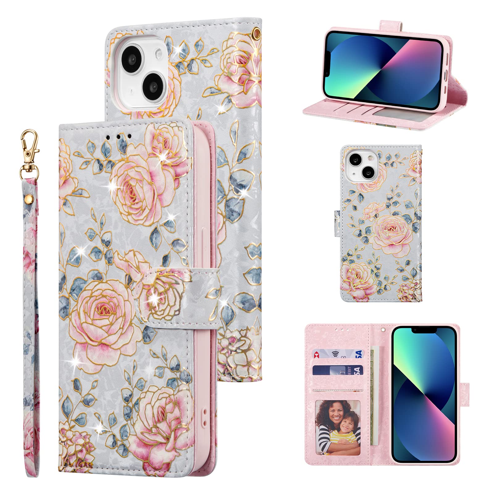 UEEBAI Wallet Case for iPhone 13 6.1 inch, PU Leather Phone Case Kickstand RFID Blocking Flip Case with Card Slots Wrist Strap Relief Engraved Pattern