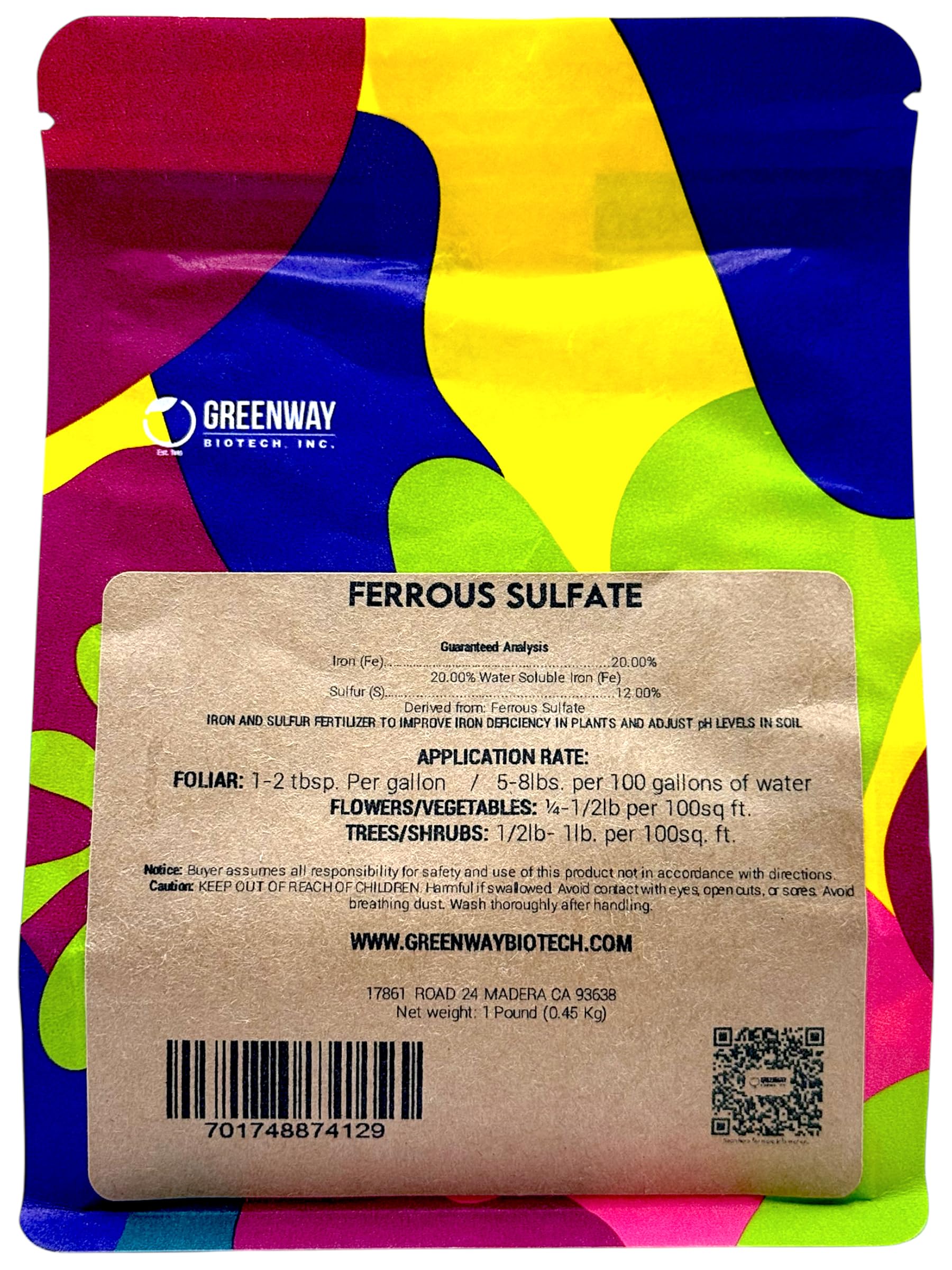 Greenway Biotech, Inc. Ferrous Sulfate Heptahydrate 20% Iron (Fe) 12% Sulfur (S) 100% Water Soluble Powder"Greenway Brand" 1 Pound
