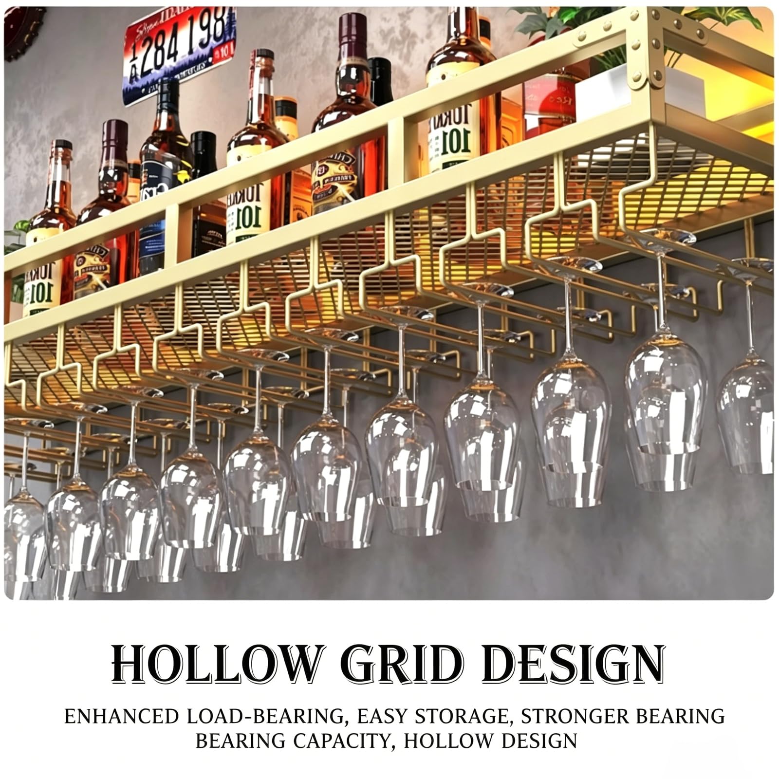 Portabottiglie da parete con supporto in vetro per bar di casa | Mensola a muro in ferro rinforzato con fessure per appendere oggetti, ideale per ristoranti, caffè e bar(gold,120cm/47.2")