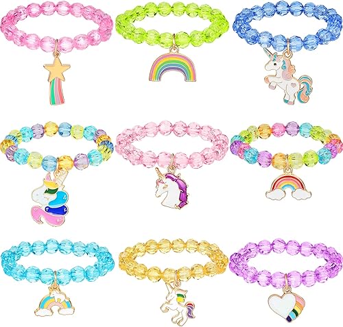 Hicarer 9 pulseras coloridas de unicornio para niñas, pulseras de unicornio arcoíris con cuentas para recuerdos de fiesta de cumpleaños (estilo de