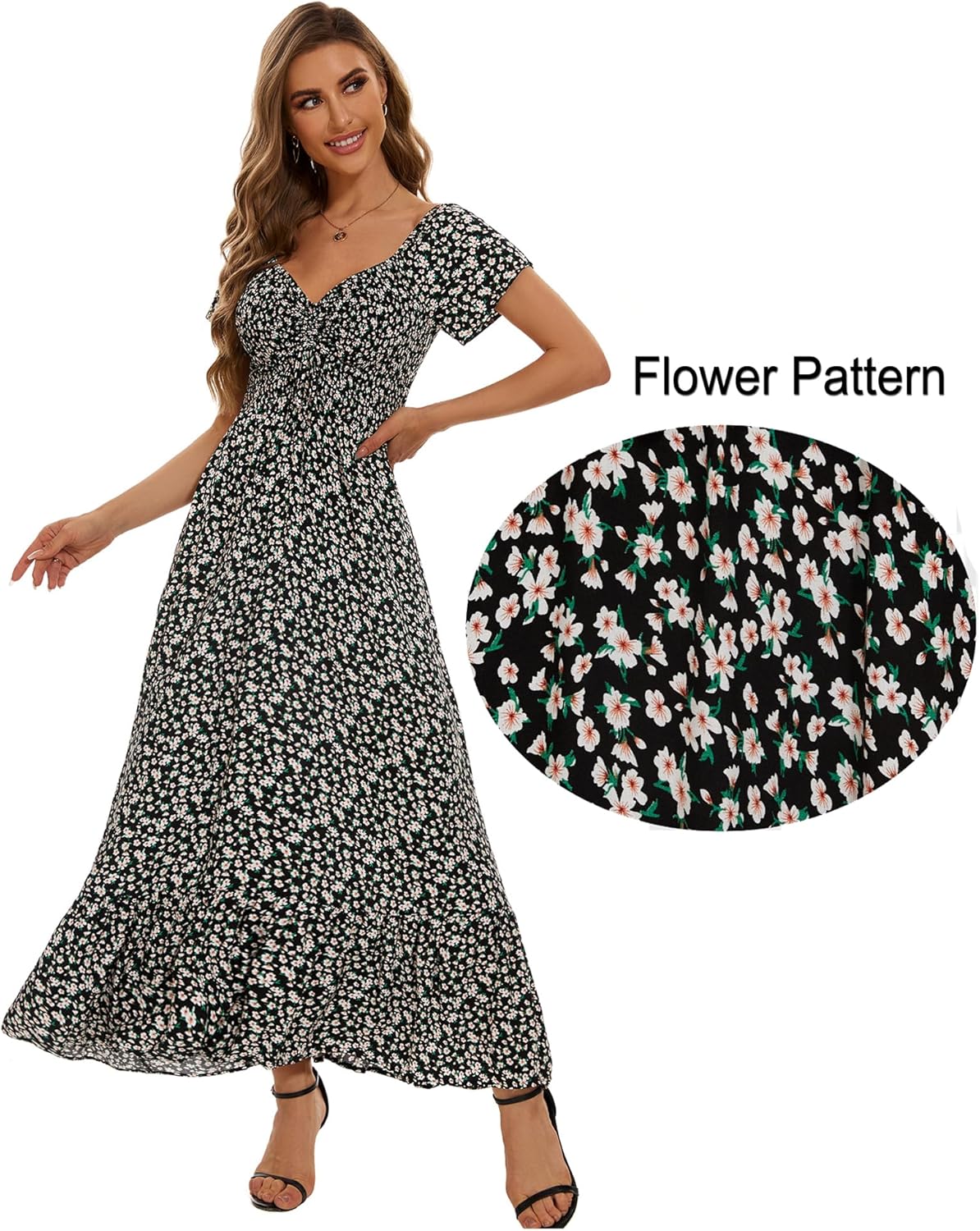 Women's Summer Floral Maxi Dress Casual Short Sleeve Flowy Boho Beach Party Long Dress
