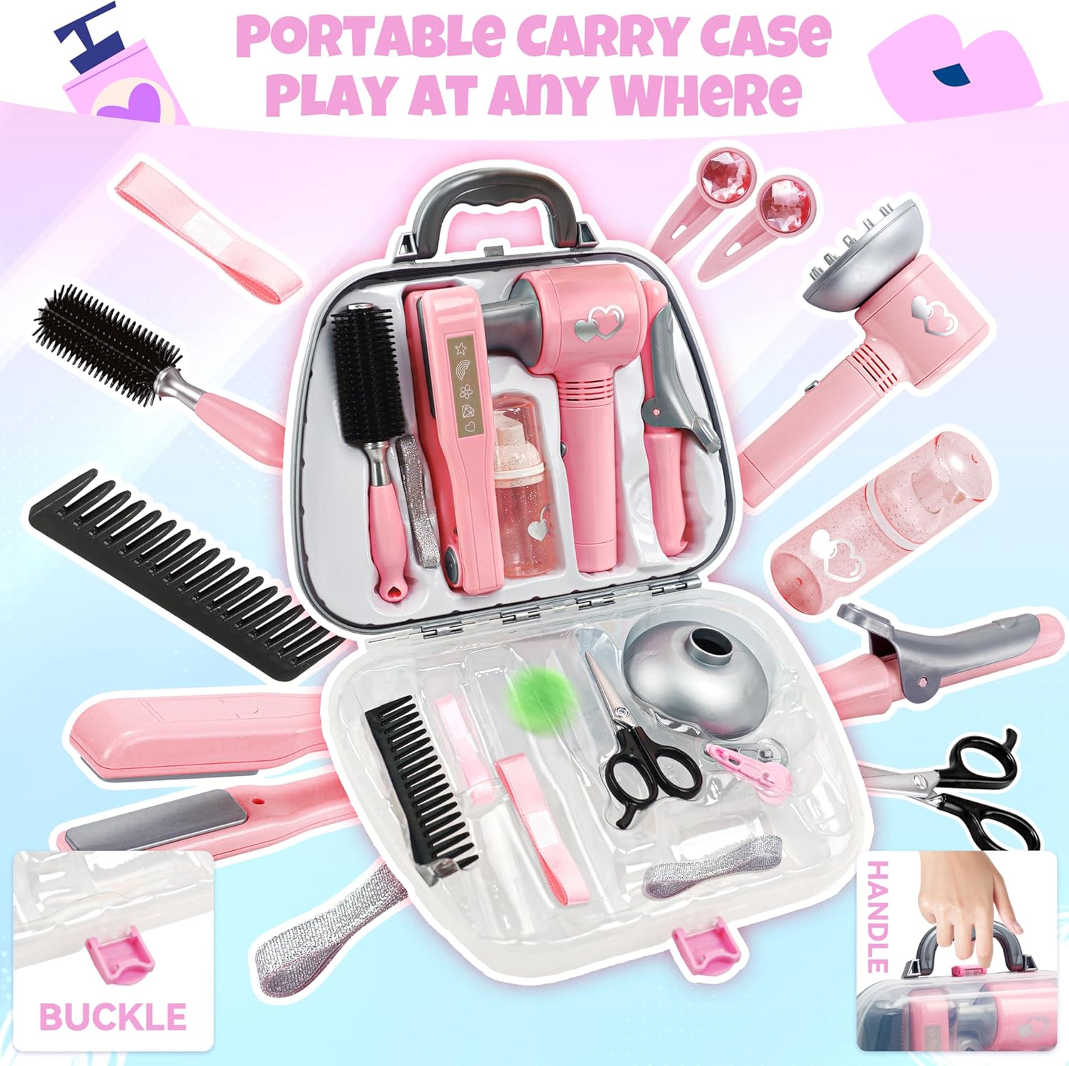 Toy Choi's Hair Salon Toys for Girls - Pretend Play Kids Hairdryer, Scissor, Combs Hair Salon Playset with Gift Box - Fake Makeup Party Favor Beauty Playset