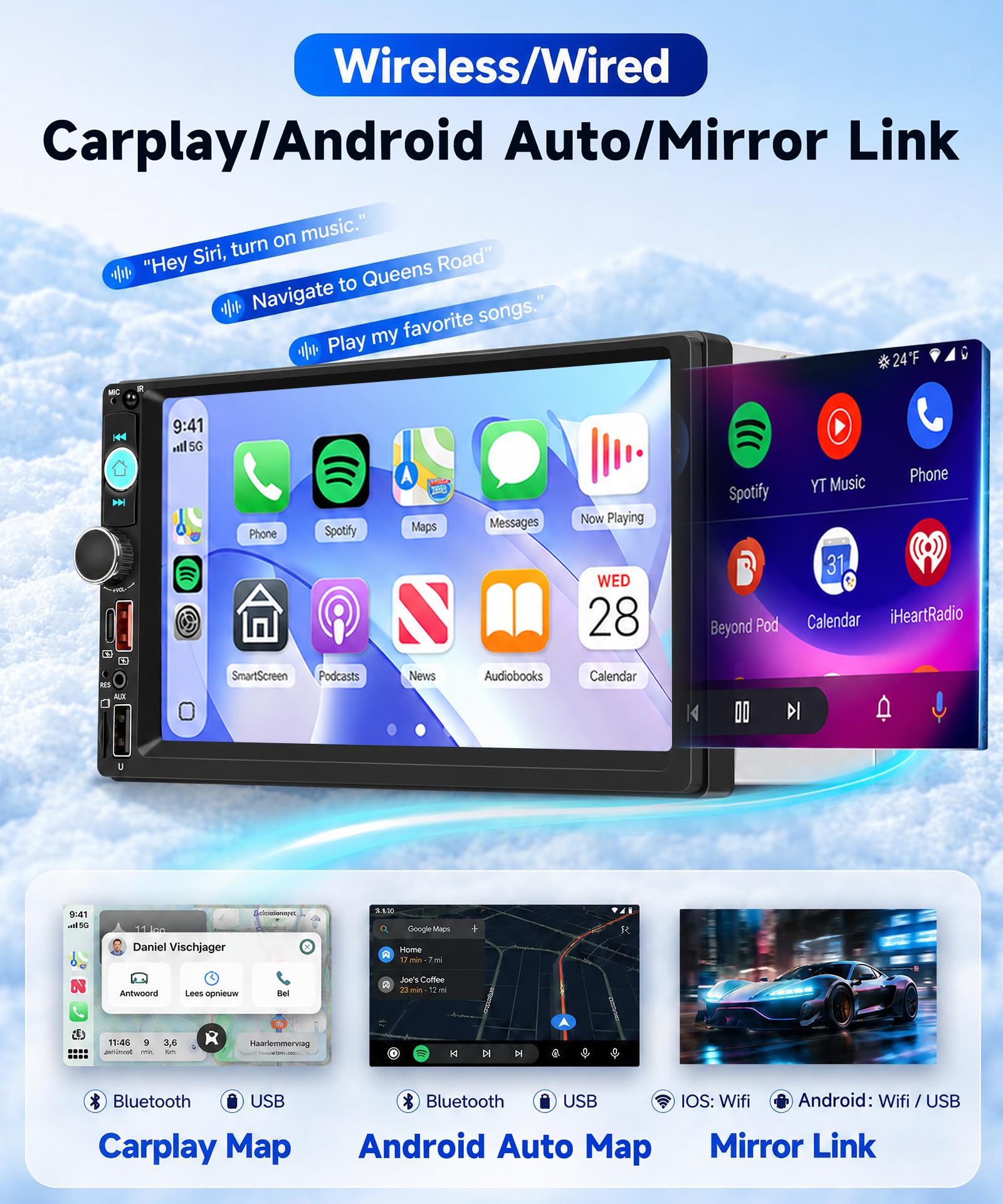 Hodozzy Dab+/Dab Autoradio 2 din Carplay sans Fil Android Auto avec Écran de 7 Pouces, Poste Radio Voiture Bluetooth Ecran Tactile avec Sortie Vidéo/RDS/FM/USB/AUX/TF+Caméra de Recul