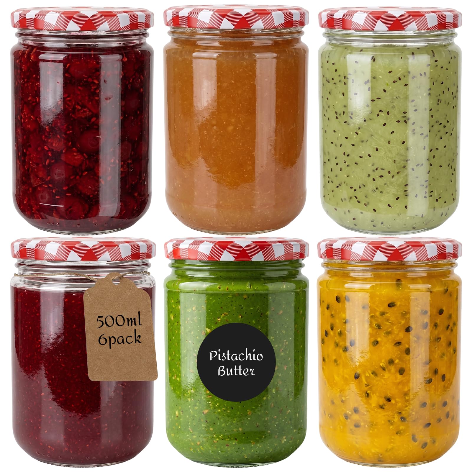 HYCKee 500ml Round Jam Jars, with Red Gingham Lids, 6 Pack Glass Jars