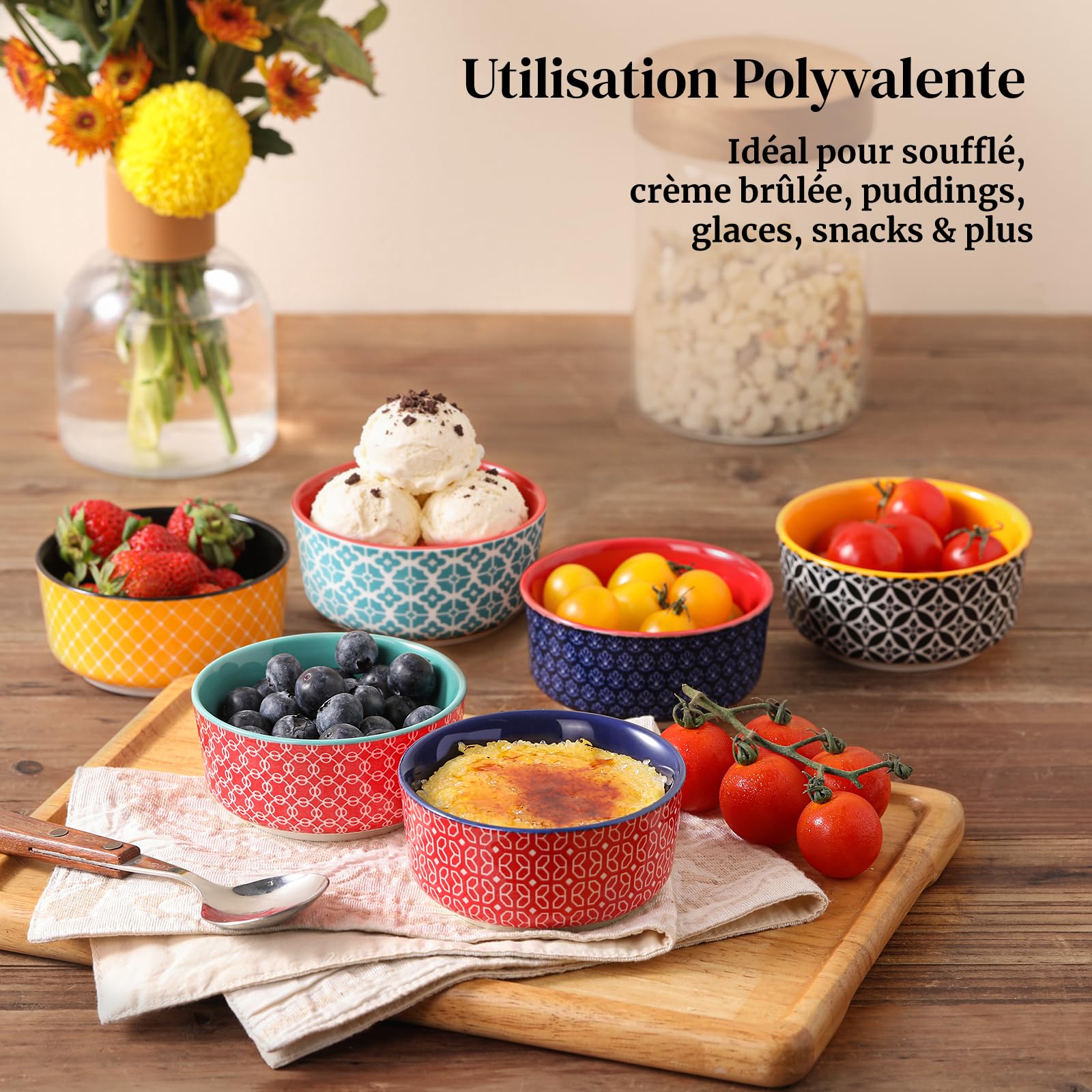 DOWAN Lot de 6 ramequins à crème brûlée - En porcelaine - 120 ml - Passe au four à soufflé - Passe au four, au micro-ondes et au lave-vaisselle - Diamètre : 9 cm - Multicolore