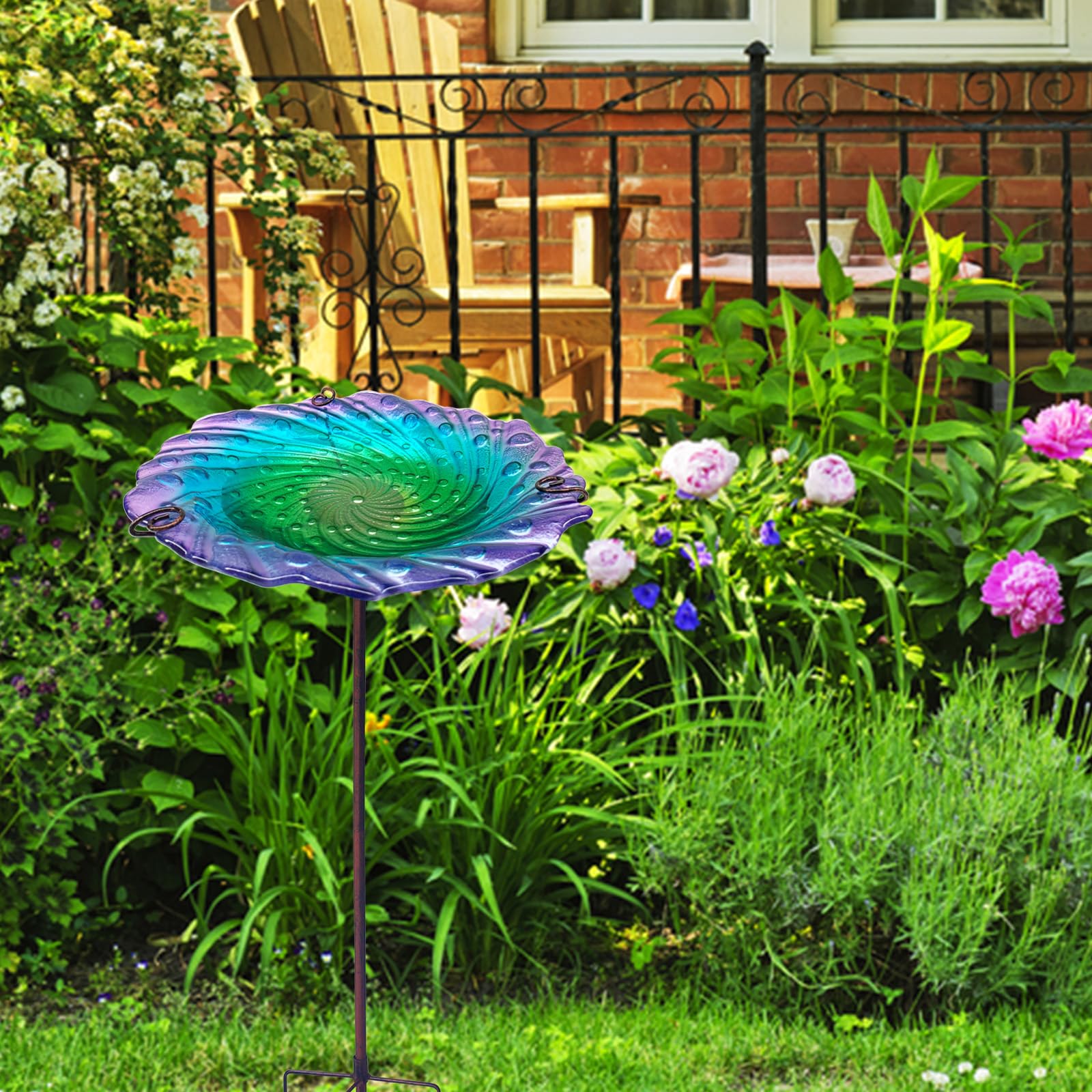 meetjoyancy Vogeltränke, Glas-Vogeltränke, abnehmbar, Vogelfutterspender mit Metallpfahl, Wasserfluss, Welligkeit, Vogeltränke, Outdoor-Dekoration, stehende Vogeltränke für den Außenbereich, Garten,