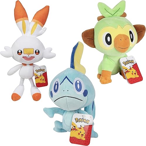 Pokemon Scorbunny, Grookey & Sobble Plush de 8 pulgadas, paquete de 3 unidades, con licencia oficial, juego de inicio de Sword & Shield Galar,