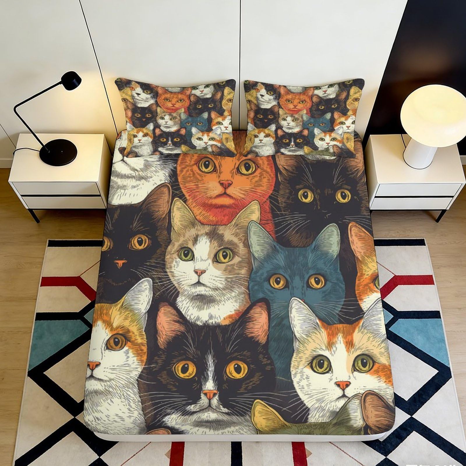 3D Printed Cat Portrait Fitted Sheet Microfiber Soft Breathable Artistic Kitten Bed Cover for Bedroom Dorm Decor Protection 90x200x25cm