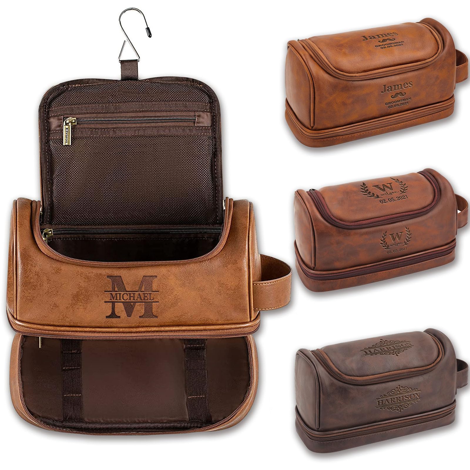 Personalized Toiletry Bag for Men, Laser Engraved Initial Name on Leather, Graduation Gift for Him, Hanging Travel Bag, Personalized Gifts