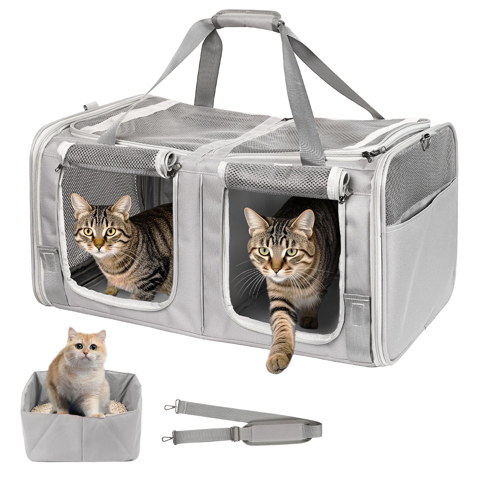 LitaiL Cat Carrier for 2 Cats with Litter Box, Large Cat Travel Carrier for Car Travel, Double-Compartment Soft Pet Carrier with Breathable Mesh, up to 30lb - for Car, Vet Visits & Camping