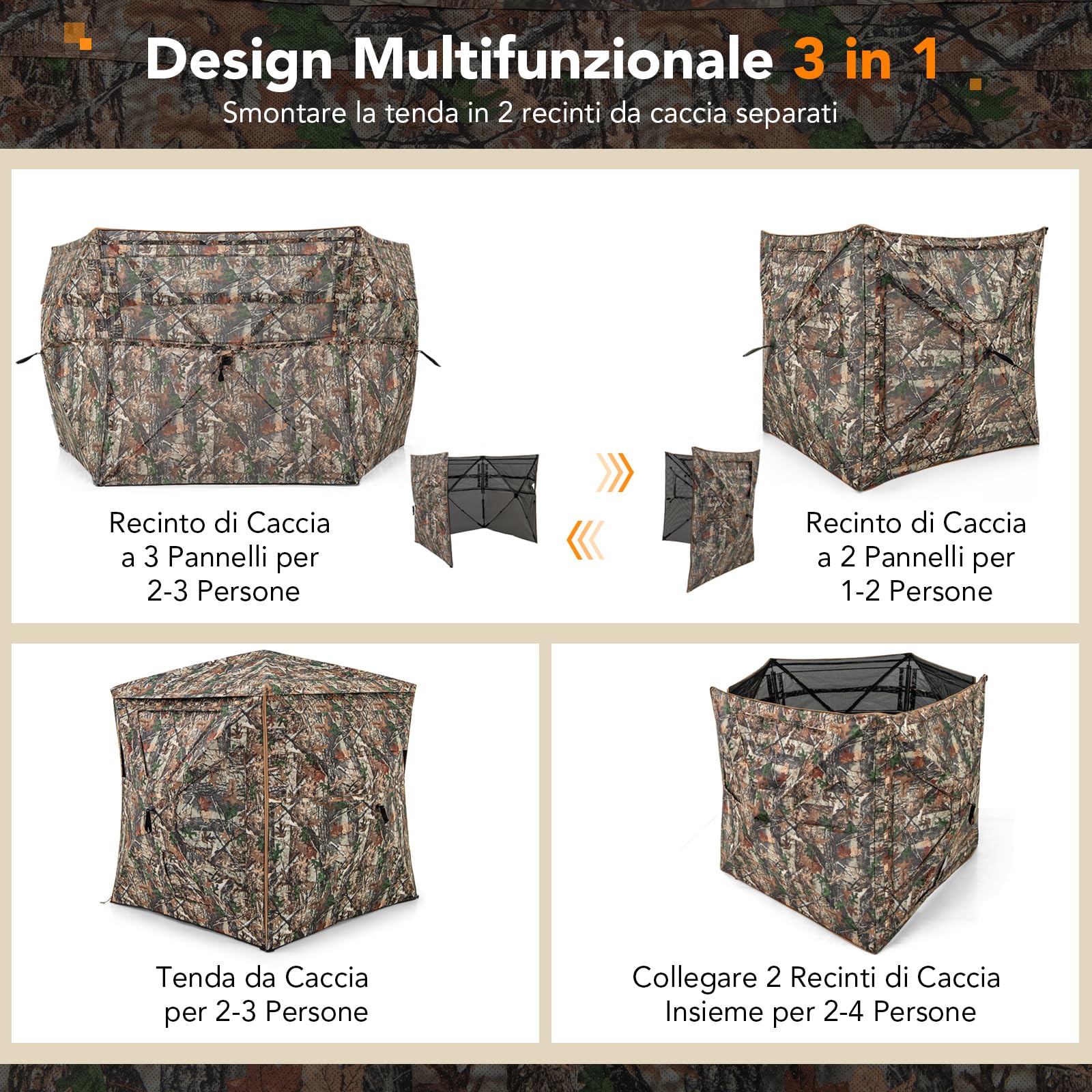 COSTWAY Tenda da Caccia 5 in 1 per 2-3 Persone, Tenda Mimetica a Visione a 360° per Caccia, Tenda Pop-Up Camouflage con Borsa da Trasporto, Attrezzatura Caccia Funzione da Recinto, 148 x 148 x 164 cm