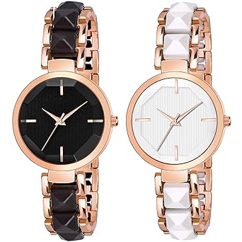 Frozil Analog Black White Dial Stainless Steel Strap Combo Watch for Womens and Girls Pack of 2